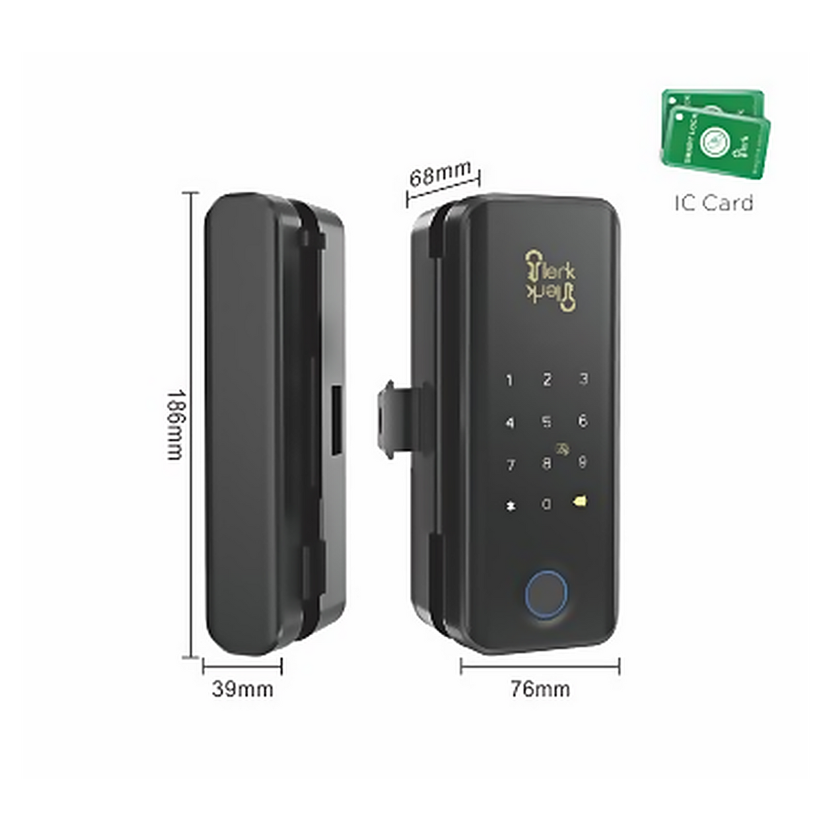 DL.GL.2424.BLK glass door fingerprint lock from the Smart Lock Series. 100-fingerprint glass door lock with key, password, card and app unlocking. Designed for reliable everyday performance.