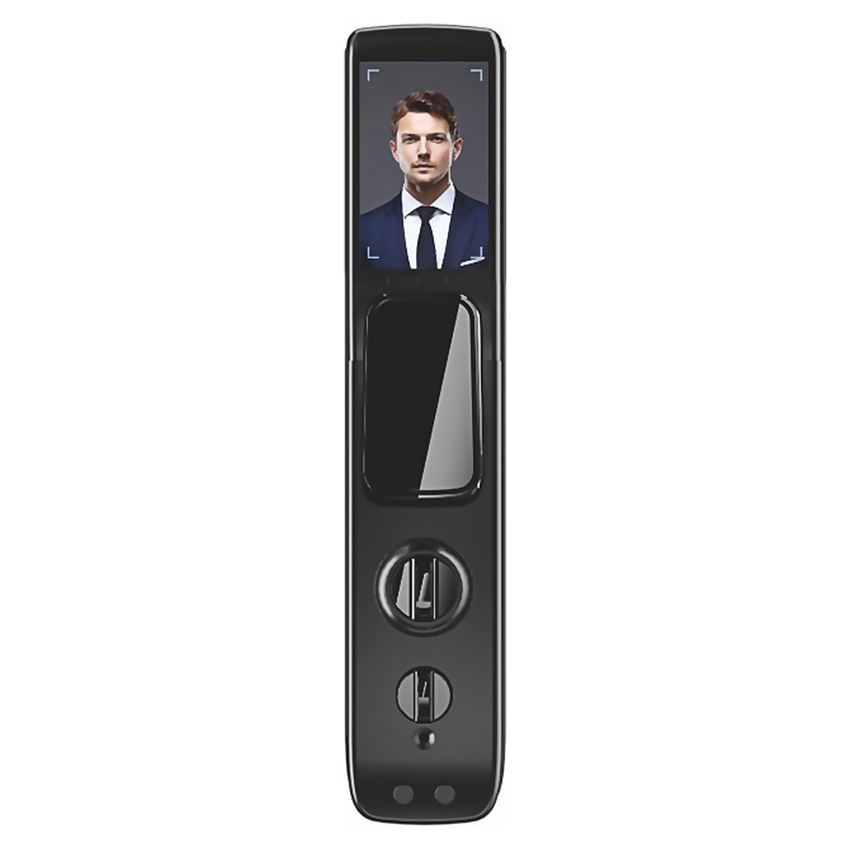DL.P.2105 premium smart door lock in Gunmetal Black. 3D face recognition, fingerprint and remote mobile unlocking with fully automatic locking. Reliable, convenient everyday access for homes, offices and rentals.