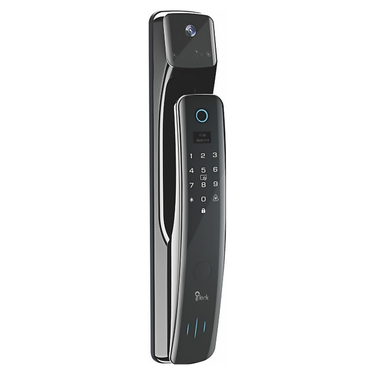 DL.P.2105 premium smart door lock in Gunmetal Black. 3D face recognition, fingerprint and remote mobile unlocking with fully automatic locking. Reliable, convenient everyday access for homes, offices and rentals.
