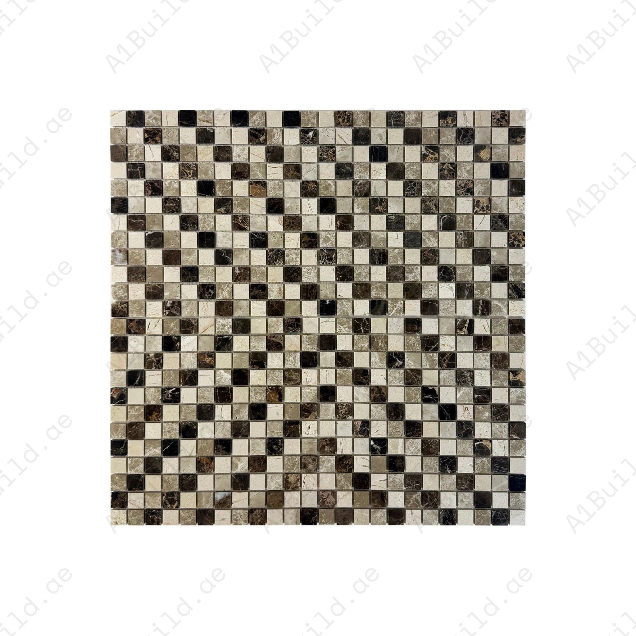 Dark Emperador & Cream Marfil polished marble mosaic adds rich contrast and elegance to walls, backsplashes, and interiors. Durable and easy to maintain.