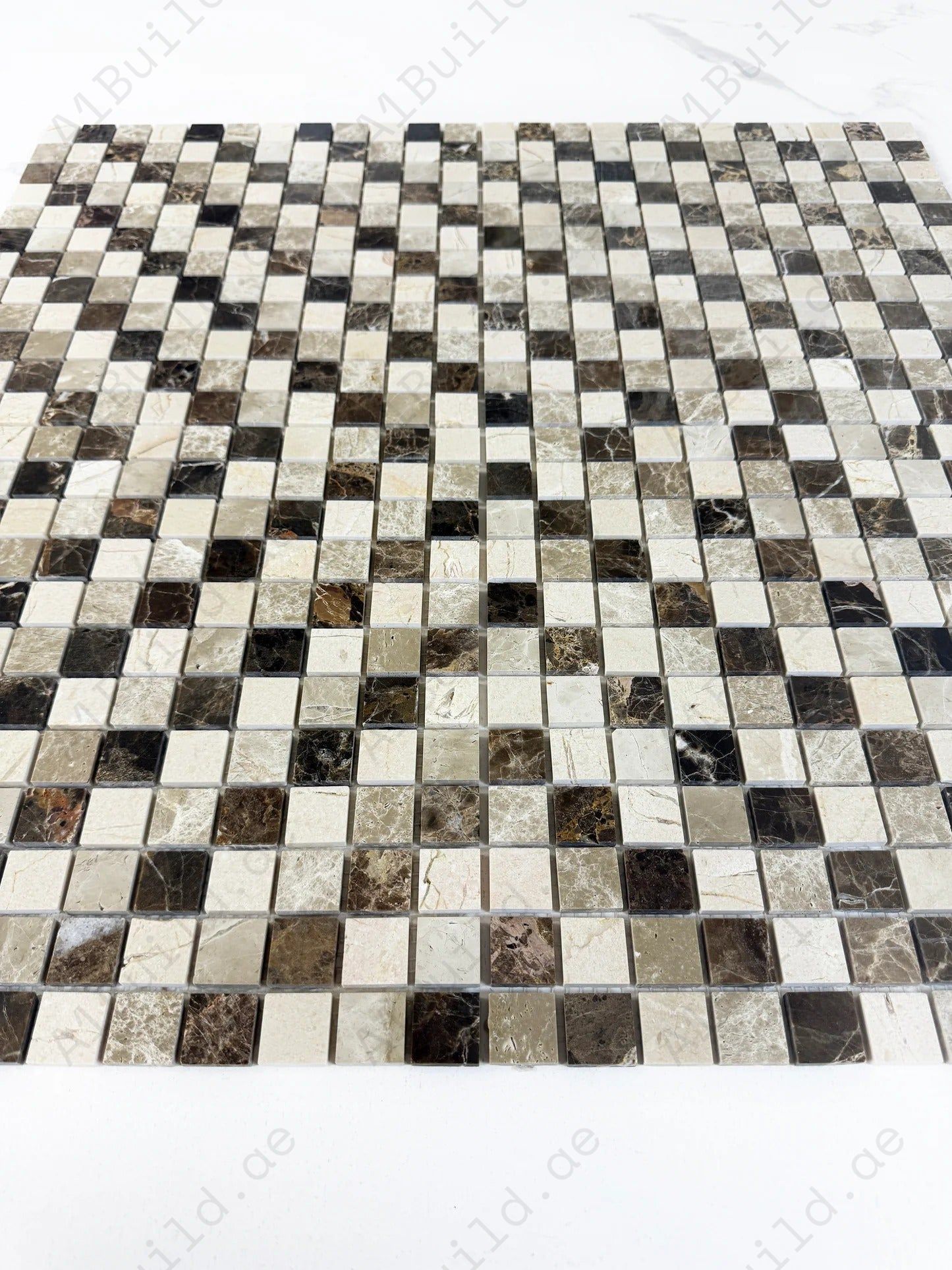 Dark Emperador & Cream Marfil polished marble mosaic adds rich contrast and elegance to walls, backsplashes, and interiors. Durable and easy to maintain.