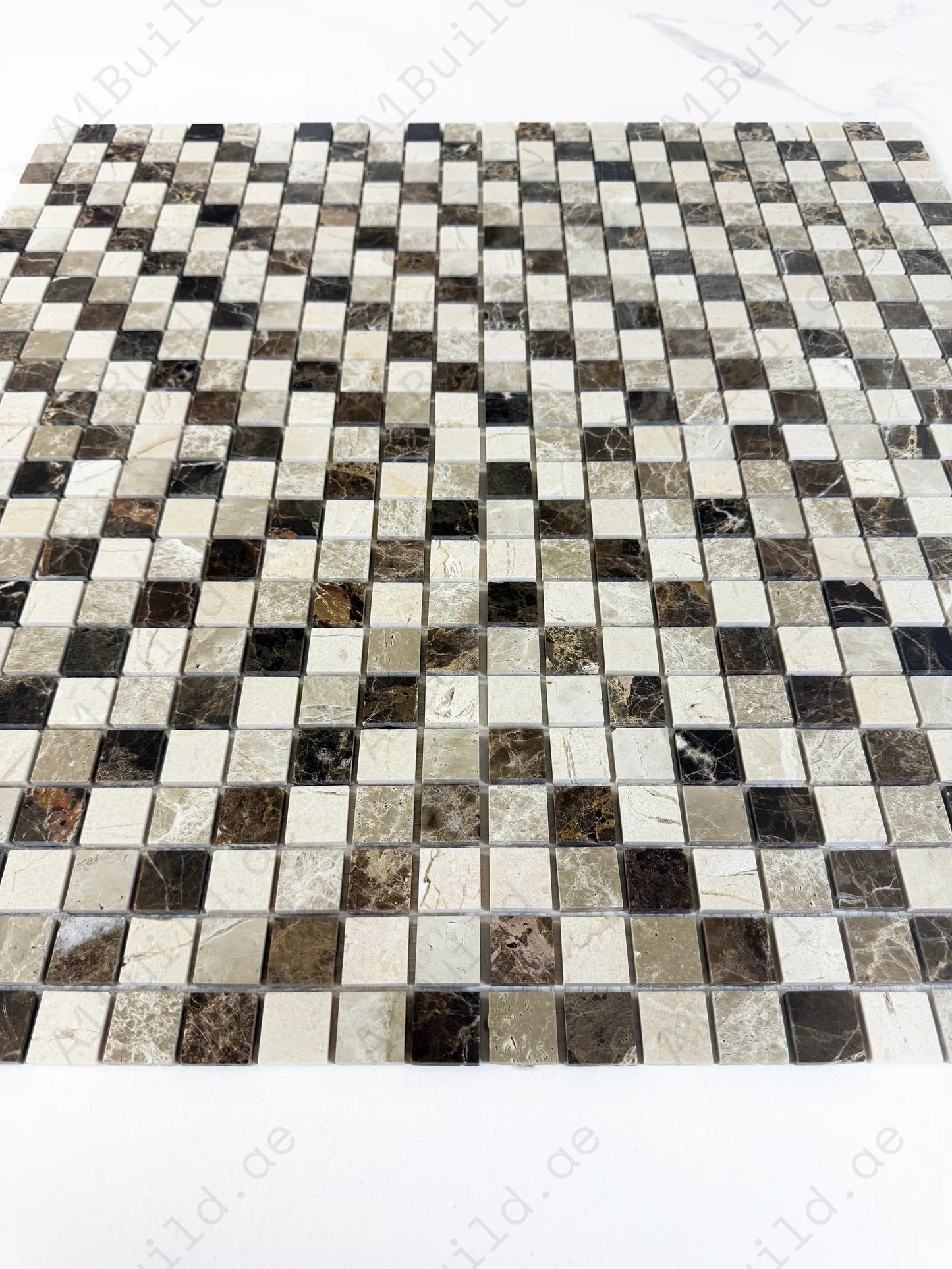Dark Emperador & Cream Marfil polished marble mosaic adds rich contrast and elegance to walls, backsplashes, and interiors. Durable and easy to maintain.