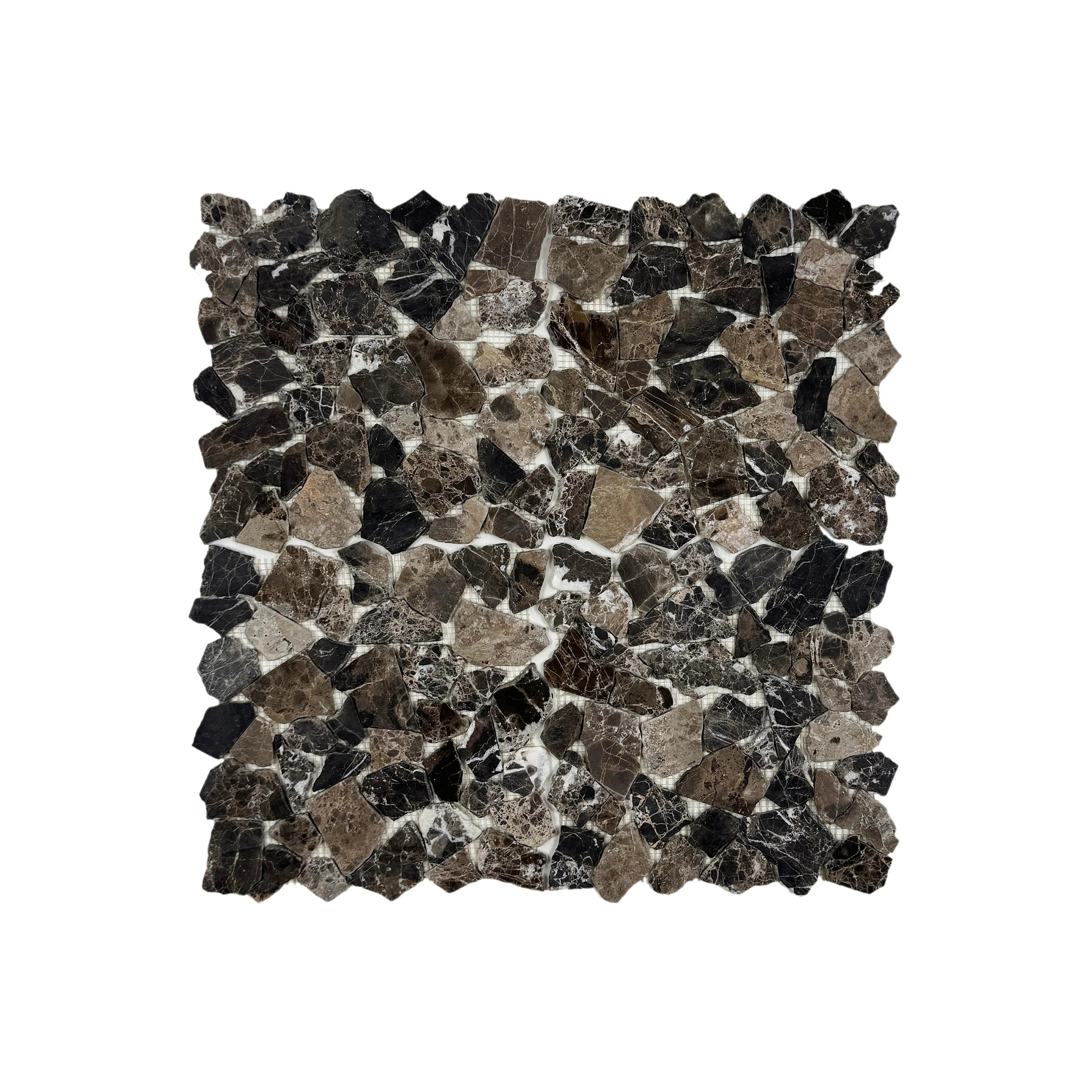 Dark Emperador honed irregular marble mosaic tile for walls & floors. Durable, elegant, and perfect for luxury interiors with timeless warmth & elegance.