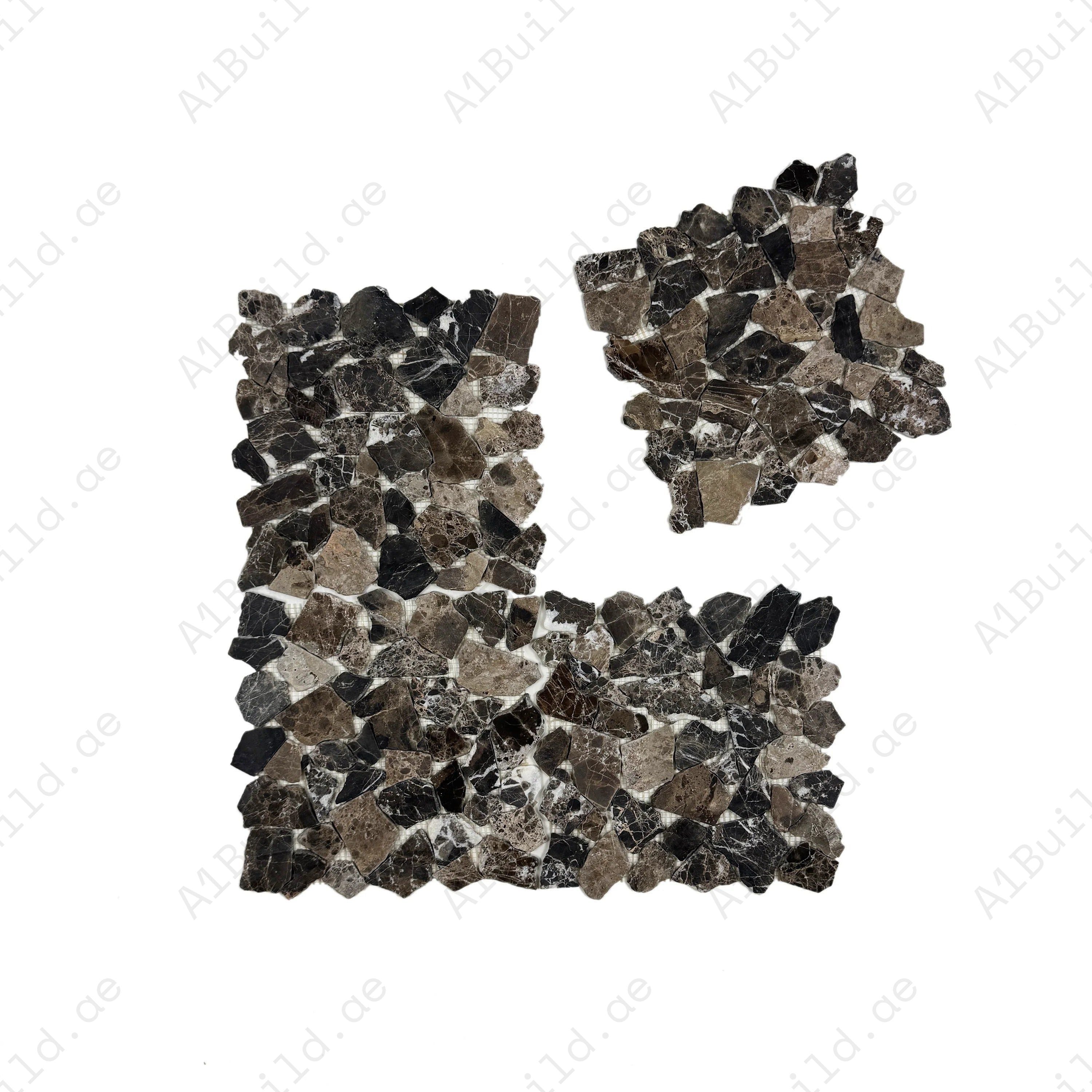 Dark Emperador honed irregular marble mosaic tile for walls & floors. Durable, elegant, and perfect for luxury interiors with timeless warmth & elegance.