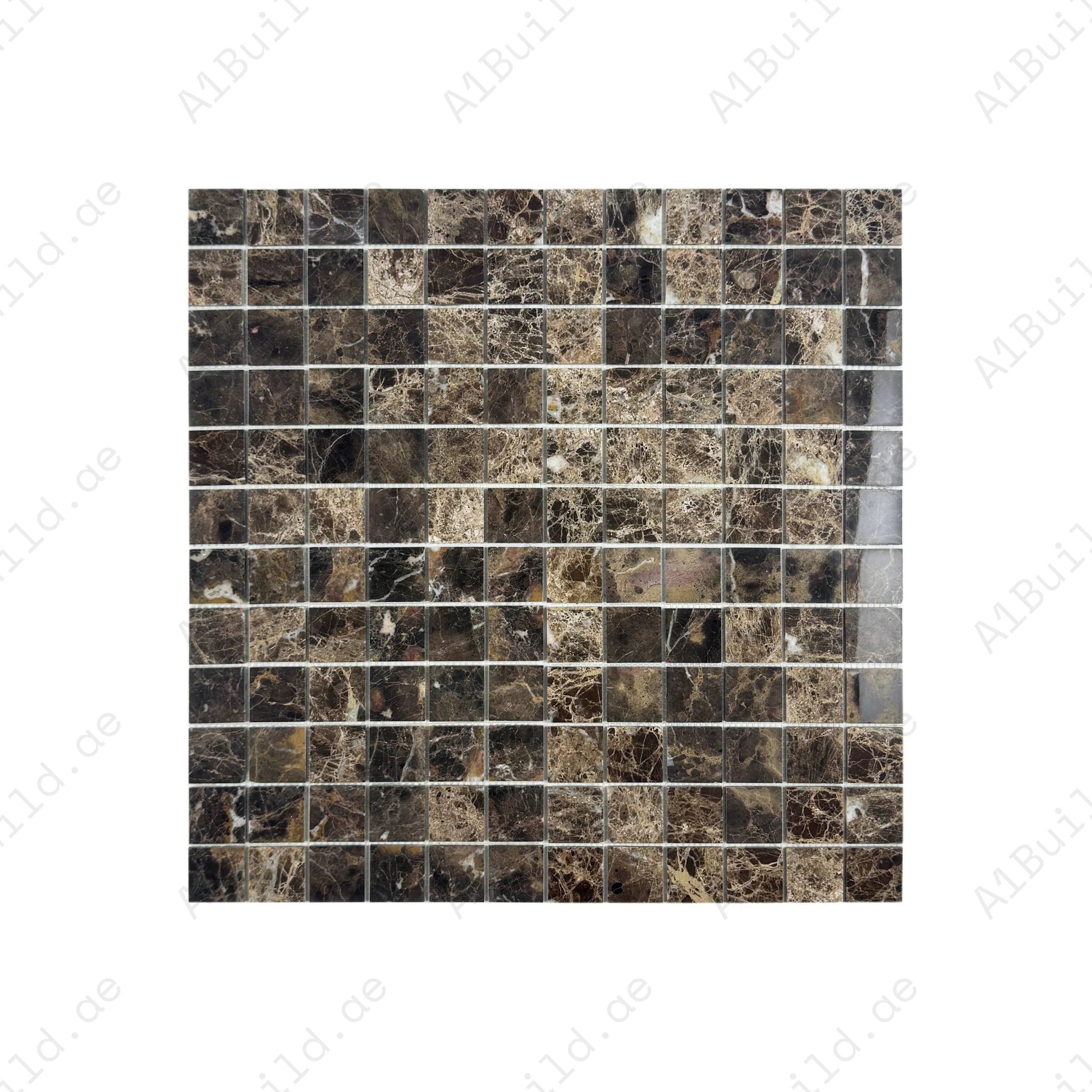 Dark Emperador polished marble mosaic adds rich elegance to walls, backsplashes, and interiors. Durable, easy to clean, and crafted for timeless luxury.