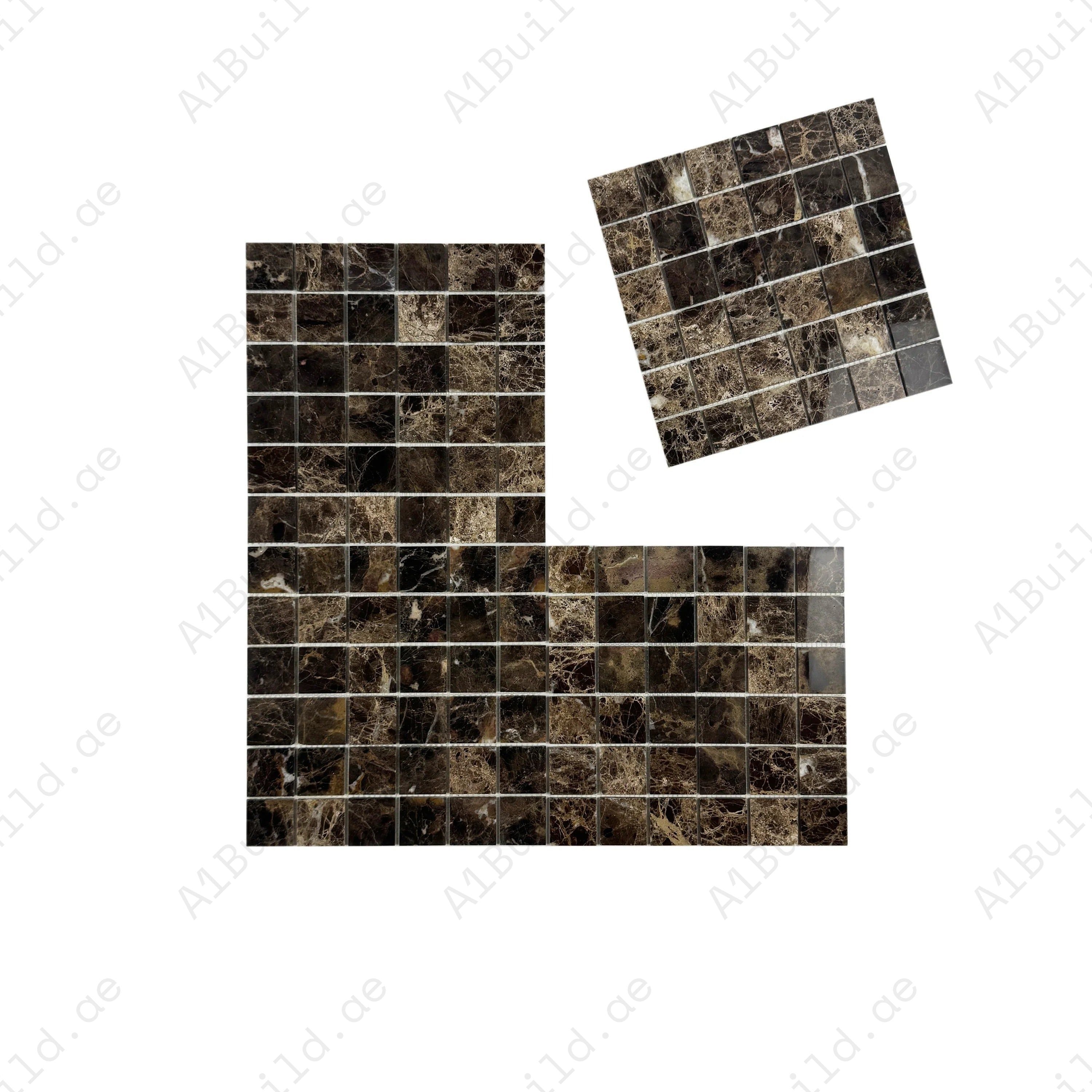 Dark Emperador polished marble mosaic adds rich elegance to walls, backsplashes, and interiors. Durable, easy to clean, and crafted for timeless luxury.