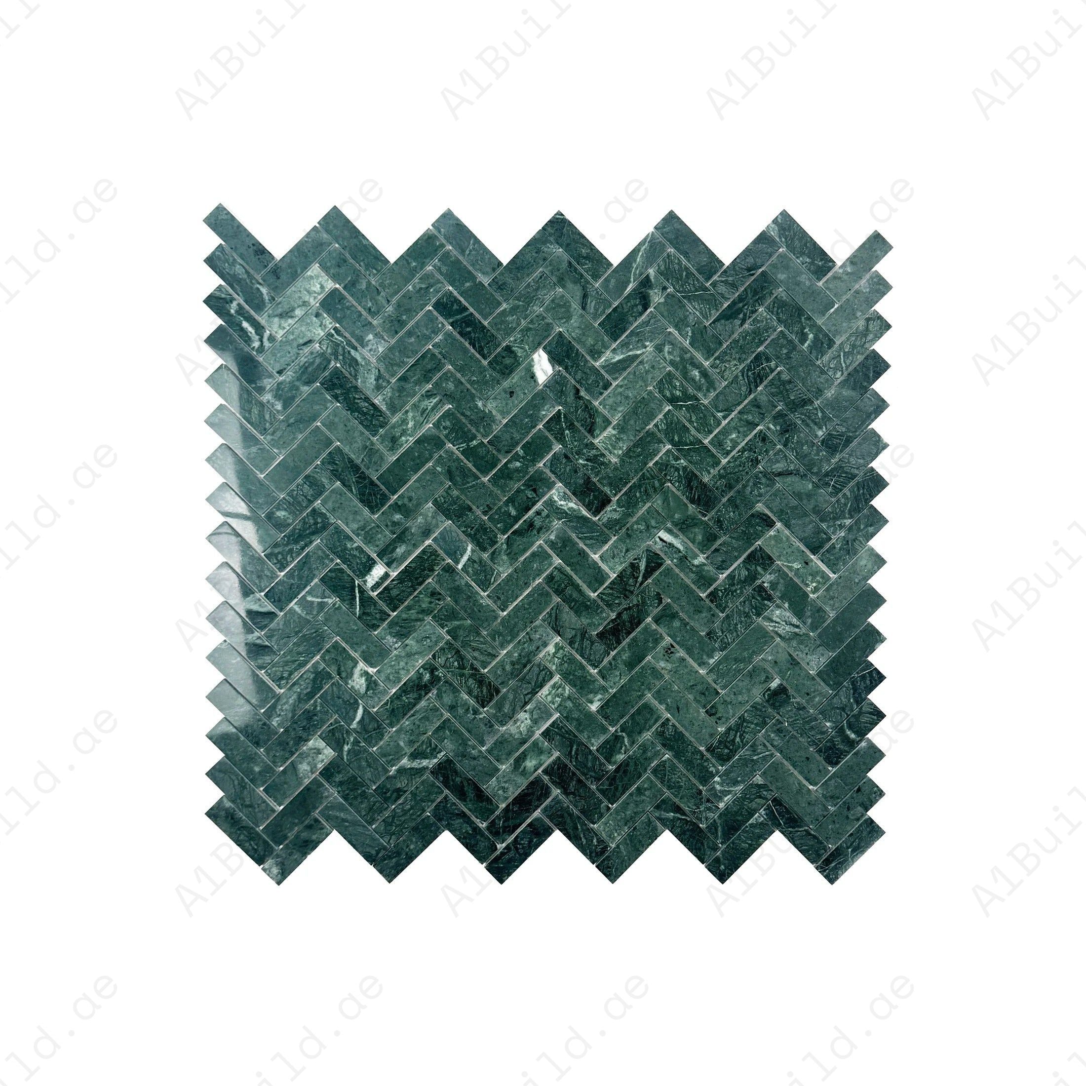Dark Green Polished Herringbone Marble Mosaic – Elegant polished marble with a herringbone layout, perfect for walls, kitchens, bathrooms, and luxury interiors.
