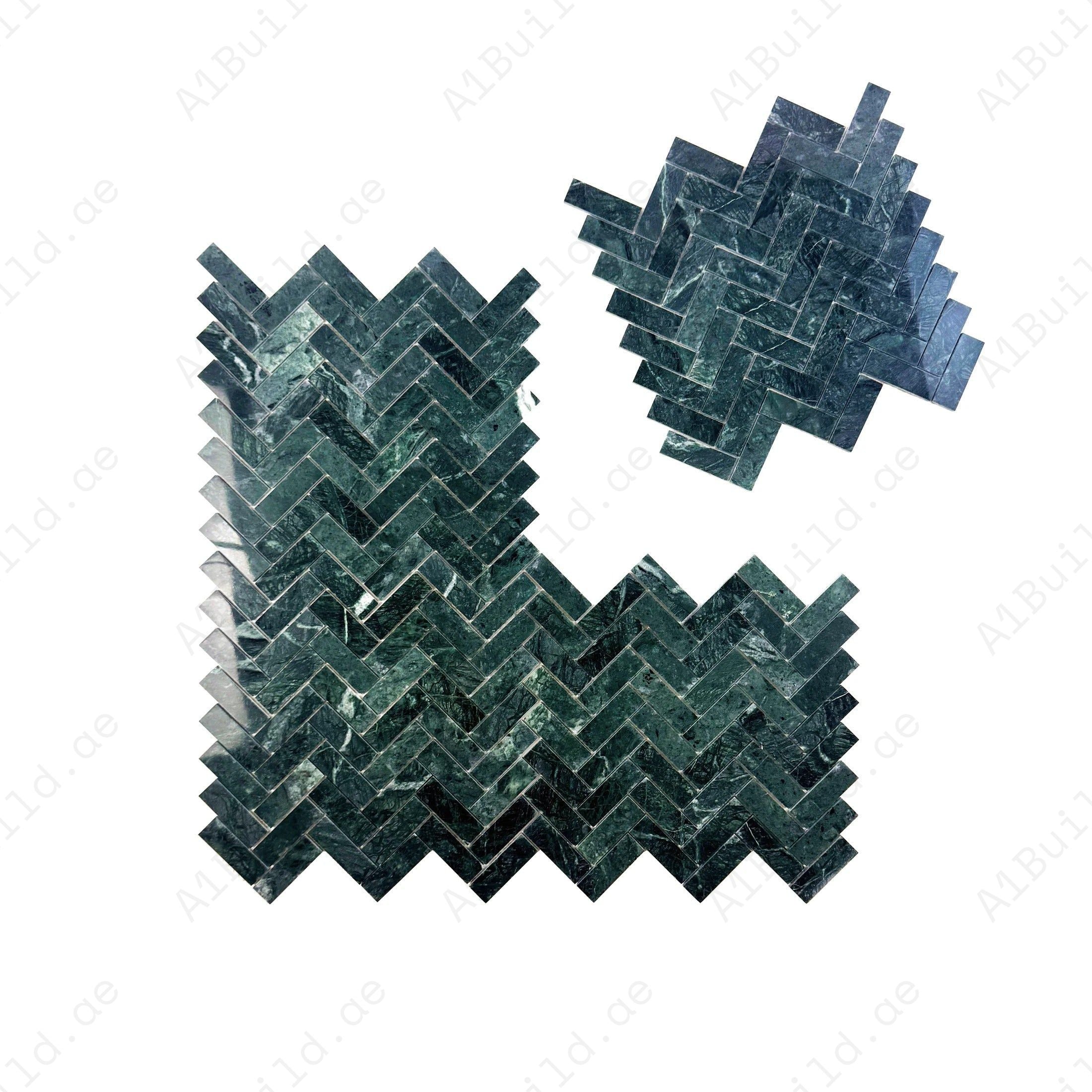 Dark Green Polished Herringbone Marble Mosaic – Elegant polished marble with a herringbone layout, perfect for walls, kitchens, bathrooms, and luxury interiors.