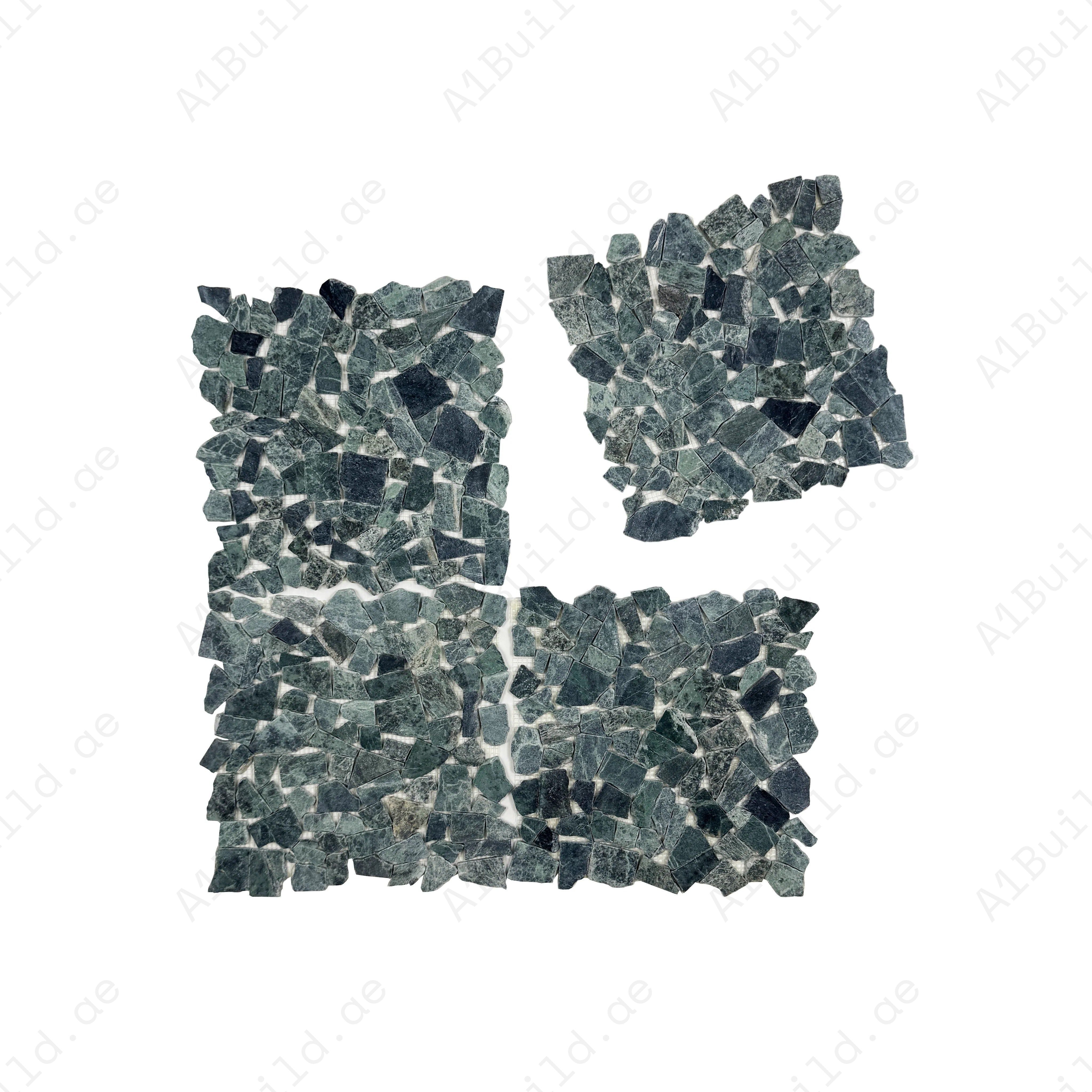 Dark Green honed irregular marble mosaic tile for walls & floors. Durable, elegant, and ideal for luxury interiors with timeless natural beauty & charm.