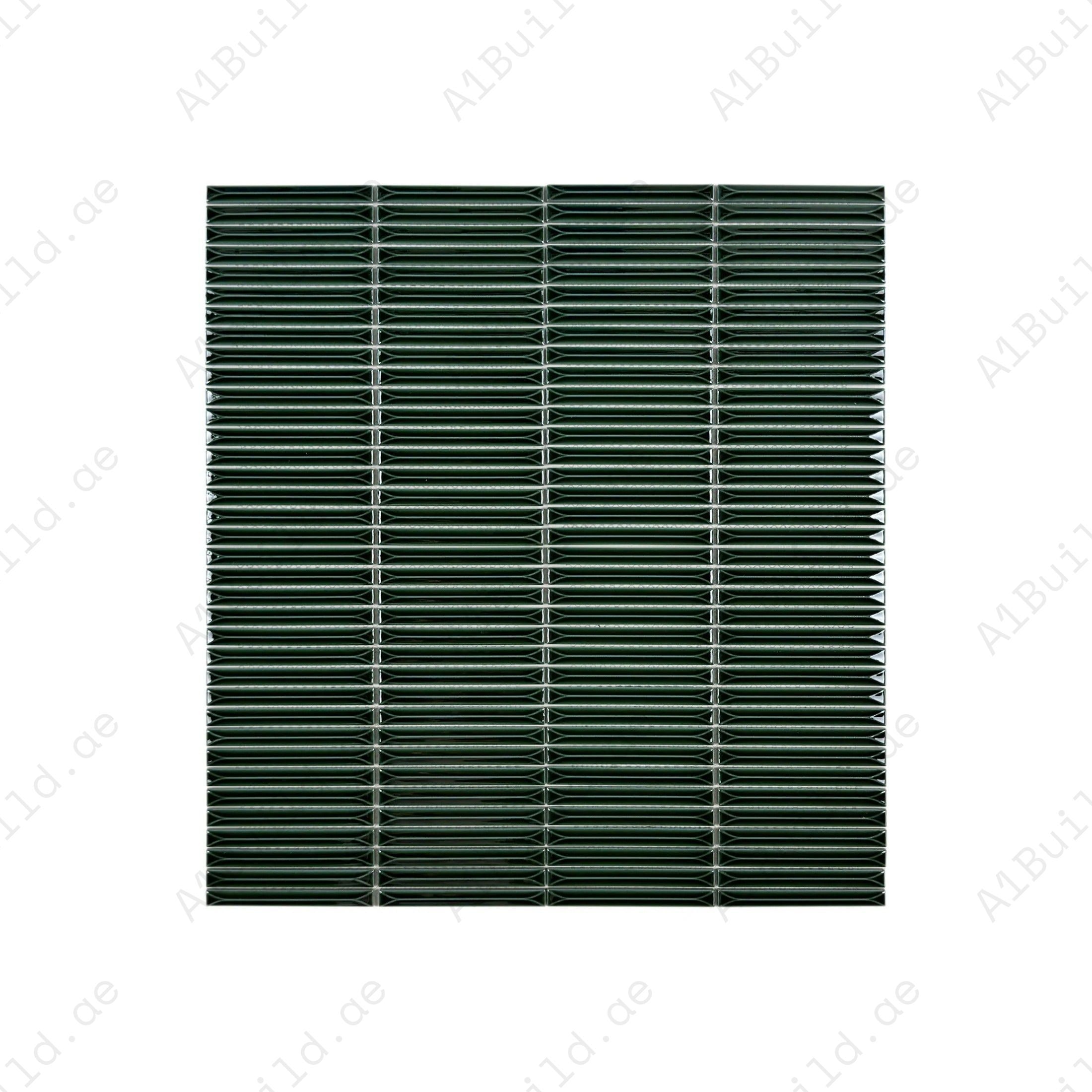 Deep Forest Green glossy porcelain mosaic with elongated beveled design. Durable & elegant—perfect for kitchen backsplashes, bathrooms & feature walls.