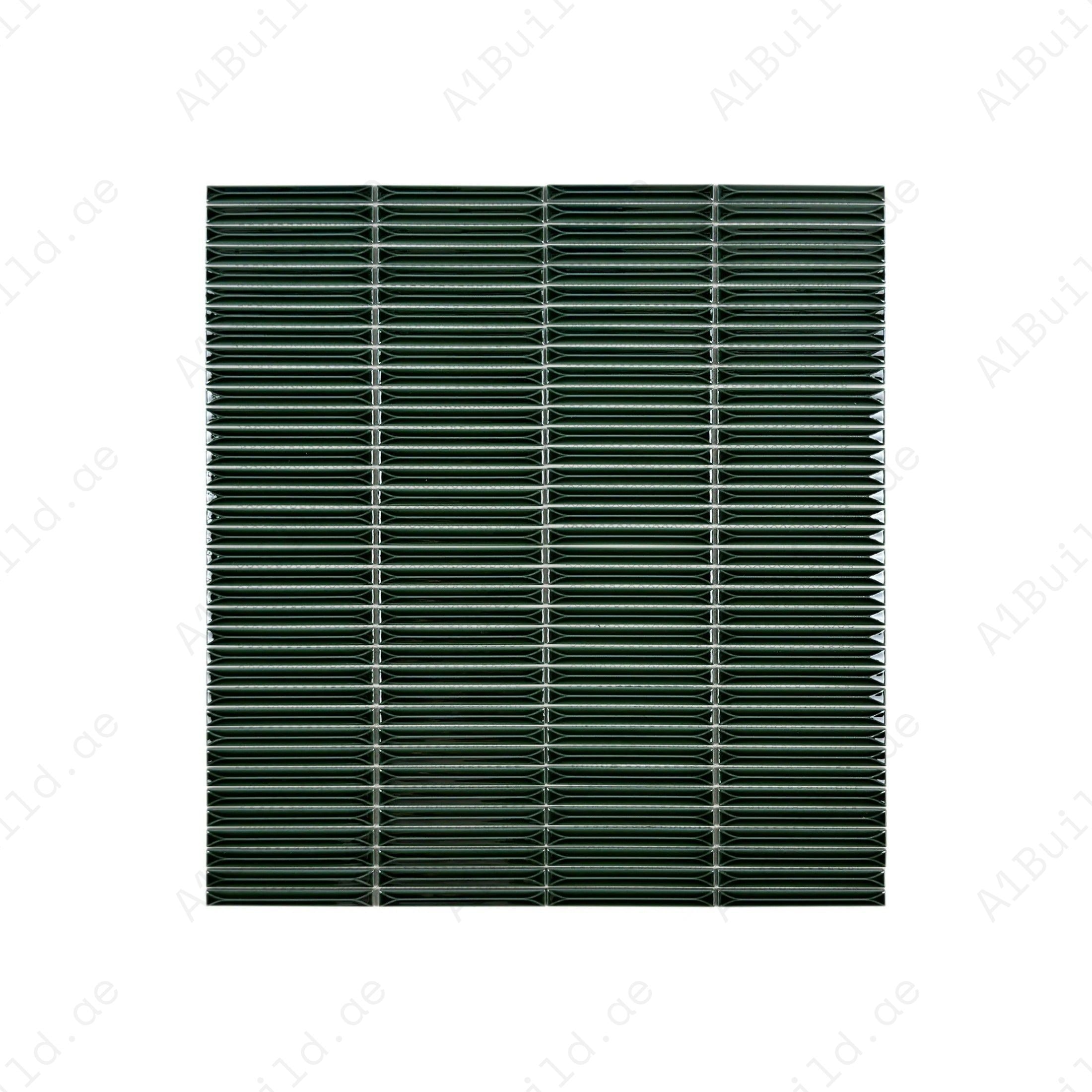 Deep Forest Green glossy porcelain mosaic with elongated beveled design. Durable & elegant—perfect for kitchen backsplashes, bathrooms & feature walls.