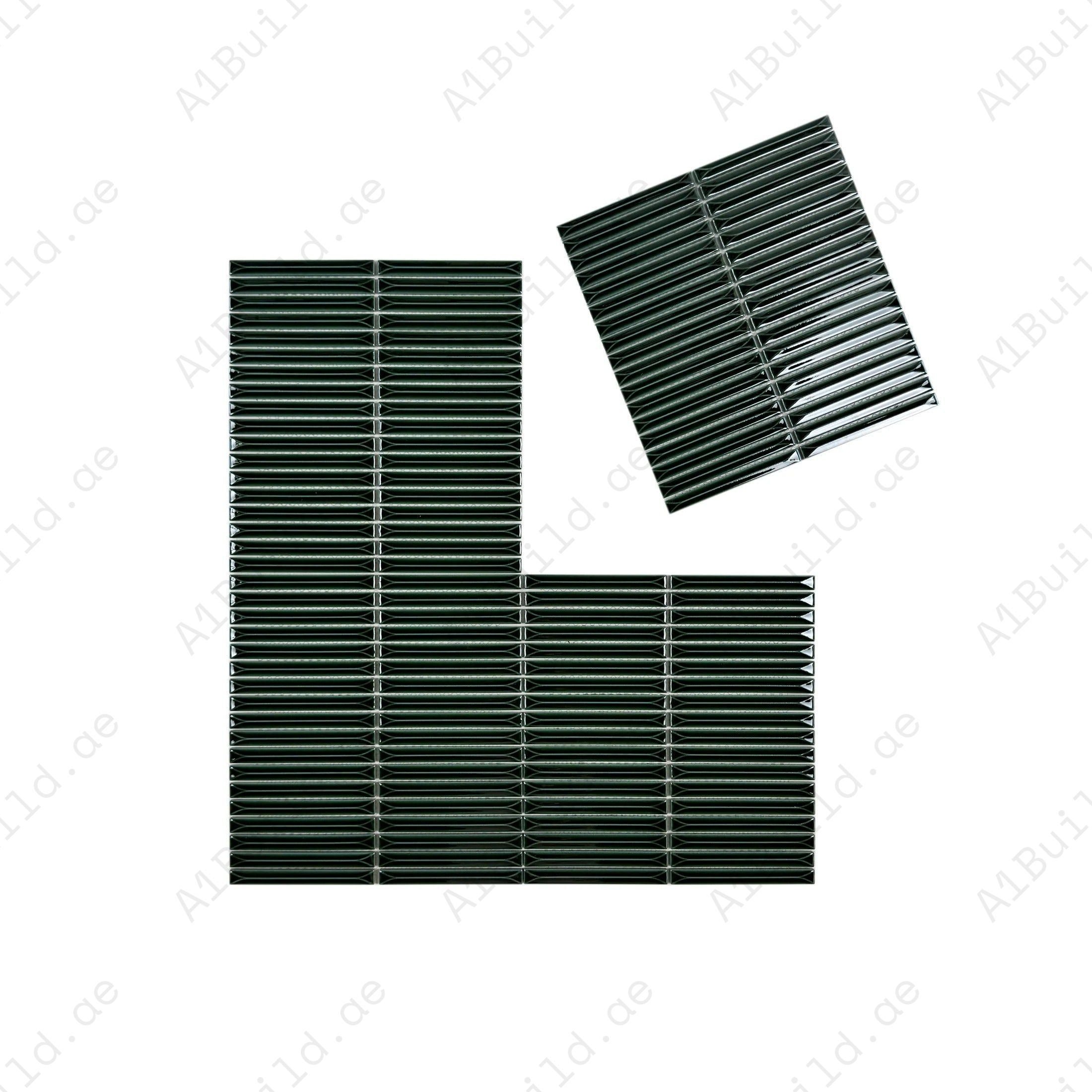 Deep Forest Green glossy porcelain mosaic with elongated beveled design. Durable & elegant—perfect for kitchen backsplashes, bathrooms & feature walls.