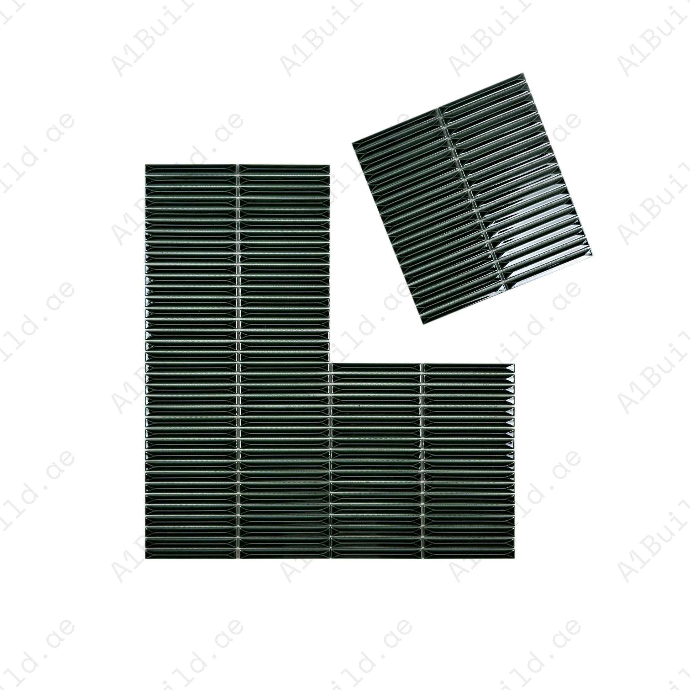 Deep Forest Green glossy porcelain mosaic with elongated beveled design. Durable & elegant—perfect for kitchen backsplashes, bathrooms & feature walls.