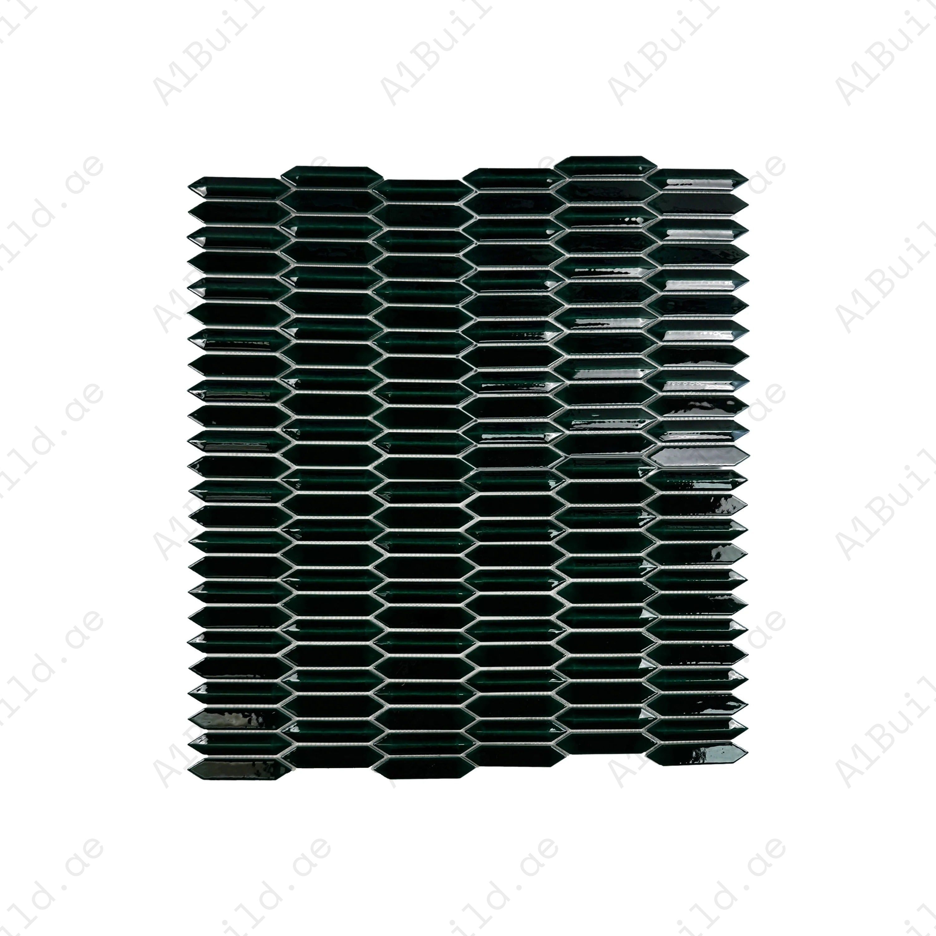 Deep emerald green elongated hexagonal glossy porcelain mosaic, perfect for walls, backsplashes, and interiors with modern, vibrant, and elegant appeal.