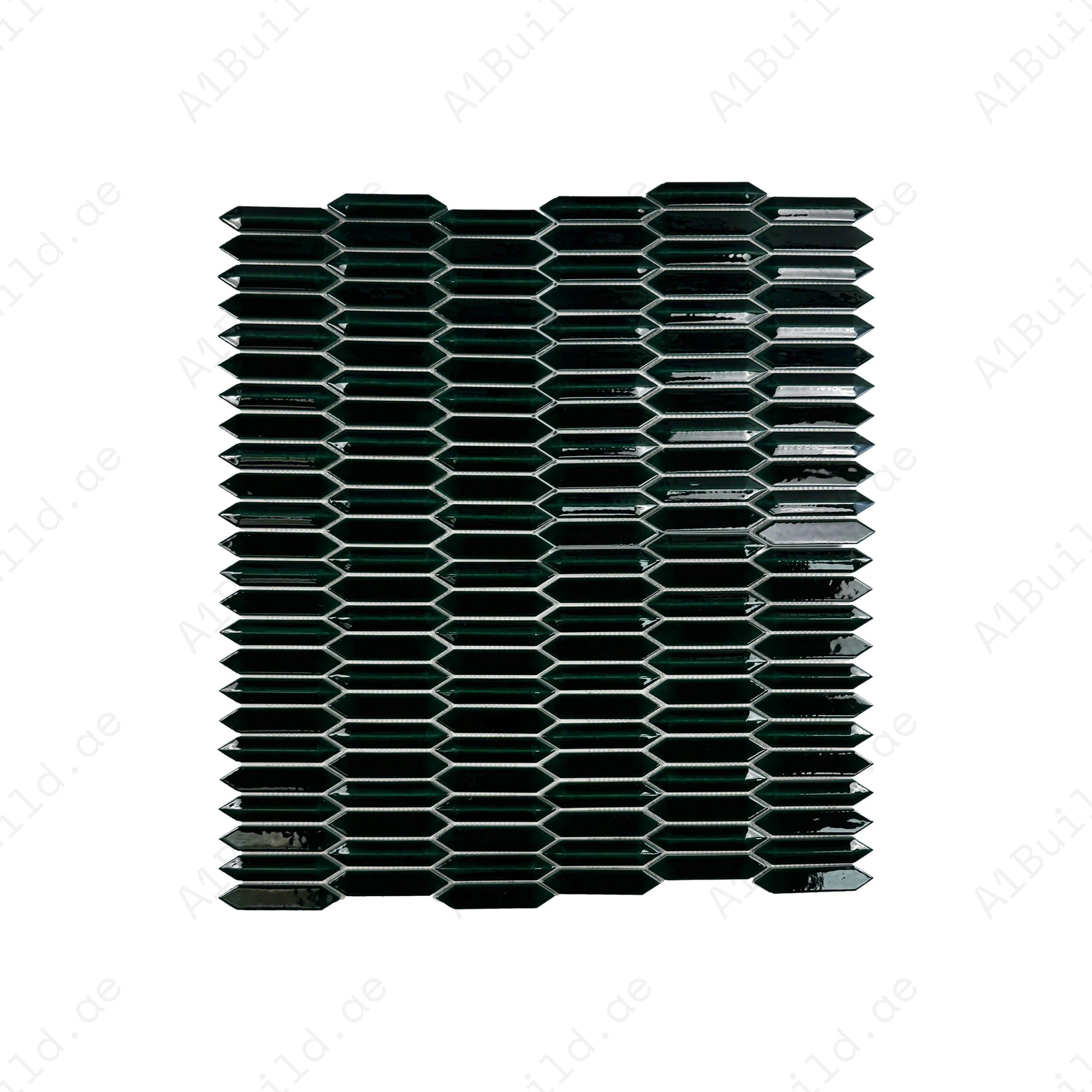 Deep emerald green elongated hexagonal glossy porcelain mosaic, perfect for walls, backsplashes, and interiors with modern, vibrant, and elegant appeal.