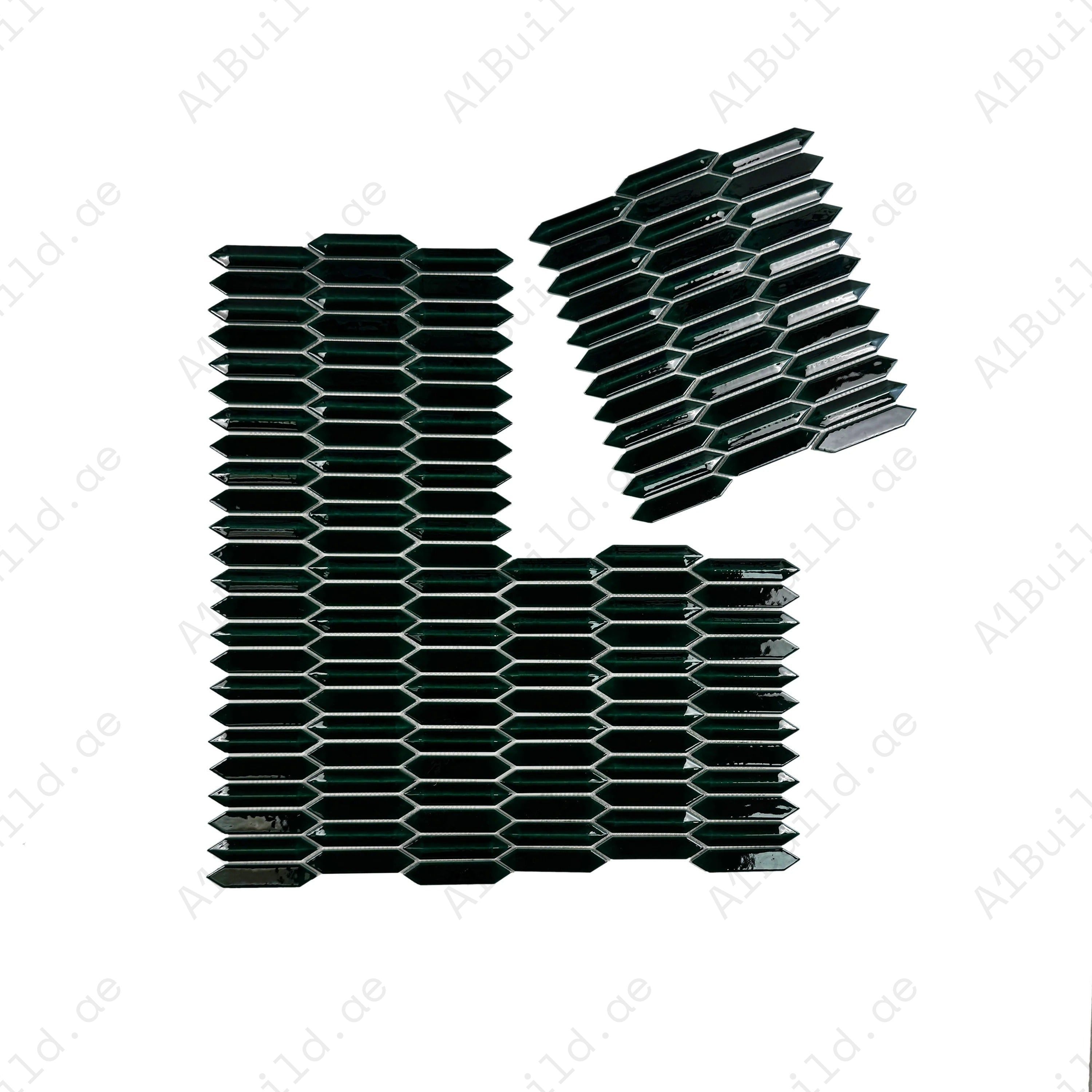 Deep emerald green elongated hexagonal glossy porcelain mosaic, perfect for walls, backsplashes, and interiors with modern, vibrant, and elegant appeal.