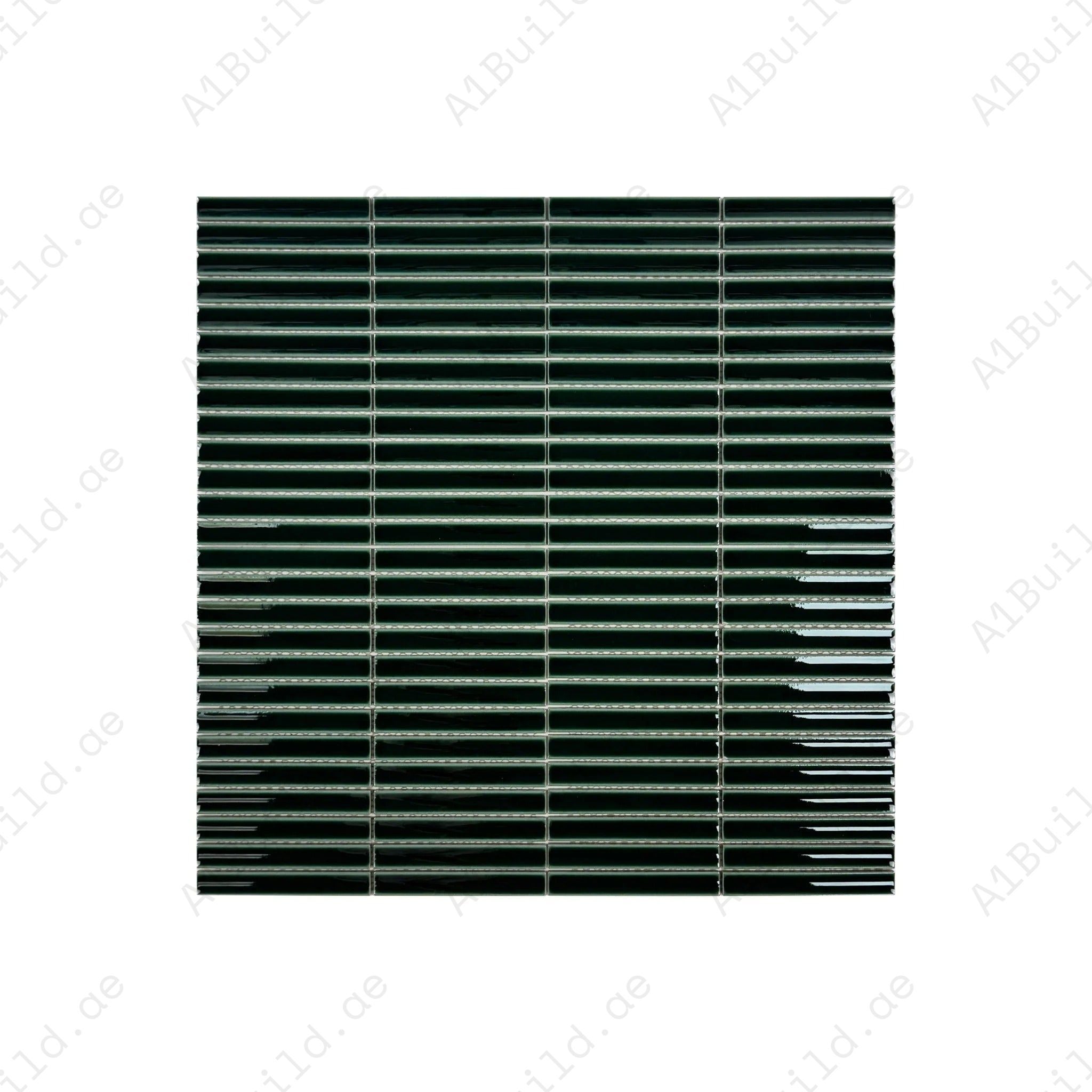 Deep forest green long strip glossy porcelain mosaic adds modern elegance to walls, kitchens, and bathrooms. Durable, moisture-resistant, and easy to install.