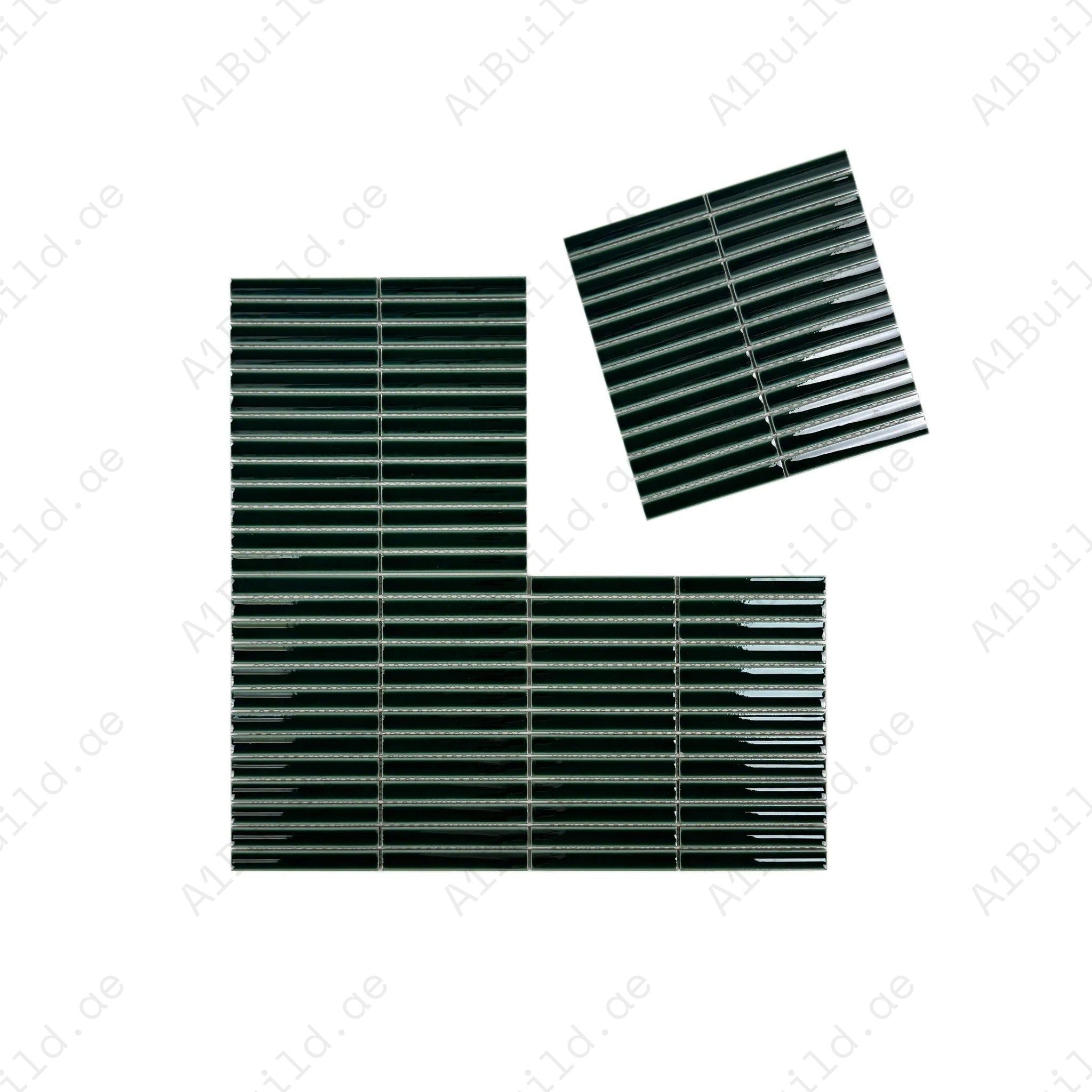 Deep forest green long strip glossy porcelain mosaic adds modern elegance to walls, kitchens, and bathrooms. Durable, moisture-resistant, and easy to install.