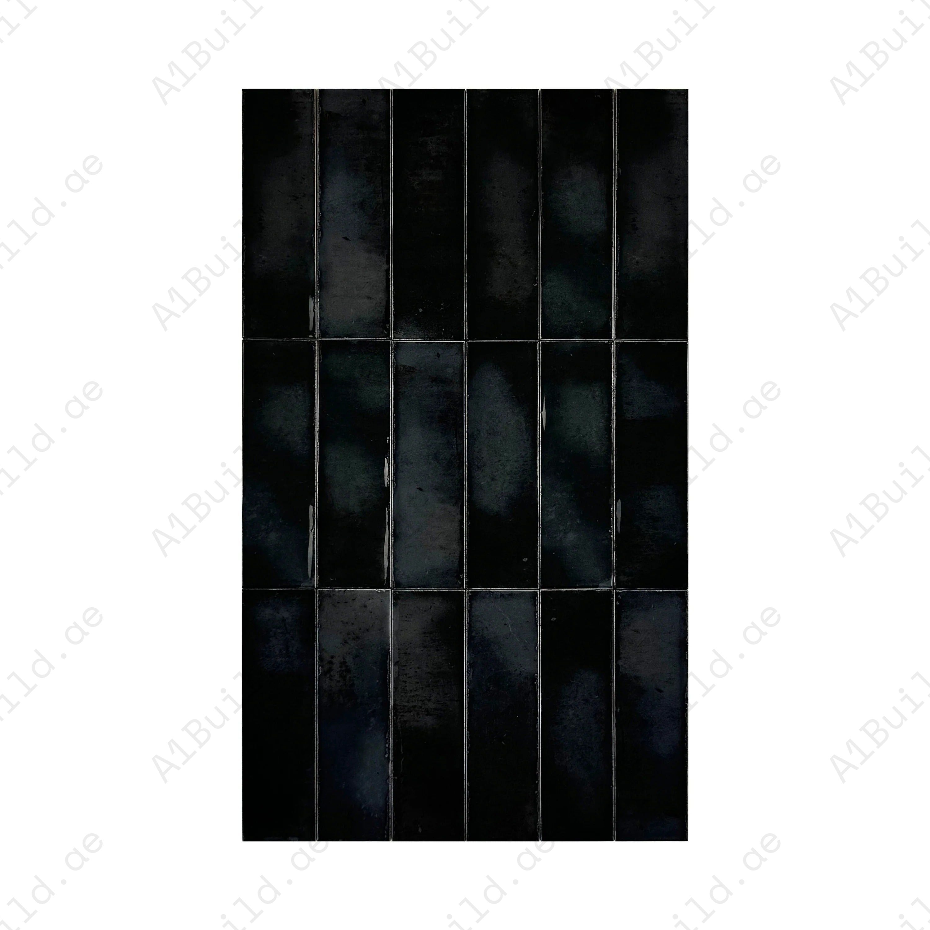 Discover Black Glossy Glazed Ceramic Artisanal Tiles from the Spanish Radiant Series Durable, elegant, and versatile for walls, floors, kitchens, and bathrooms.