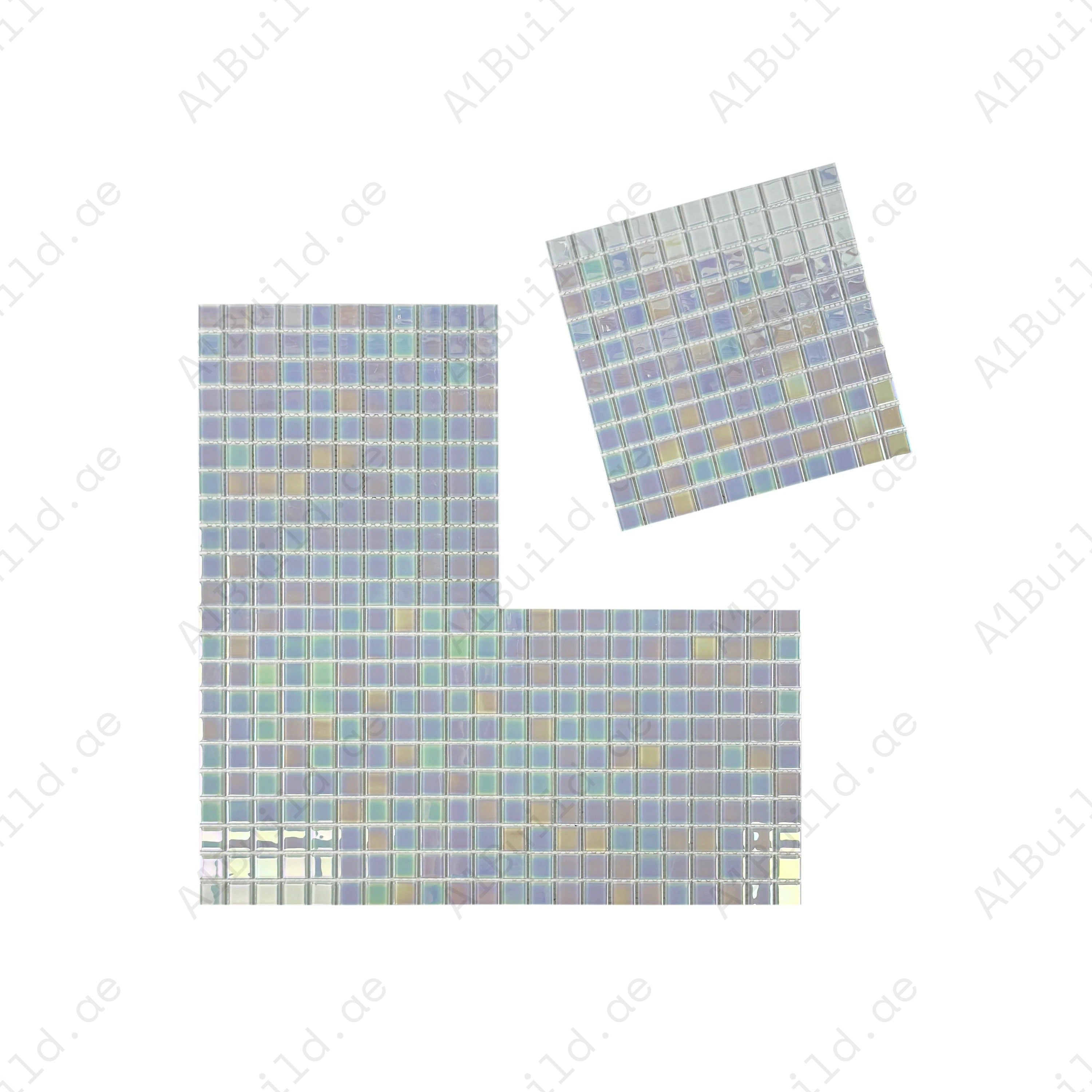 Discover Crystal Cascade Smoke Blue & White Iridescent Glass Mosaic tiles, UV-resistant, and non-toxic, ideal for pools, spas, and decorative water features.