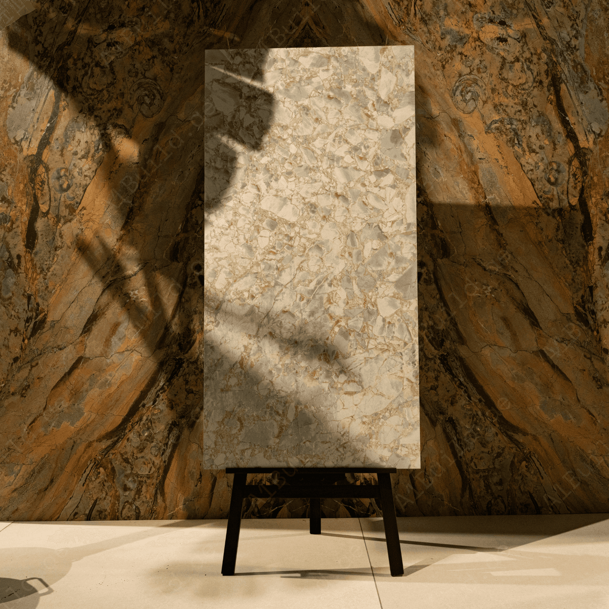 Discover ENRICO porcelain tile 600x1200mm with 9MM thickness and glitter on matt finish. Durable large format tile ideal for elegant, shimmer-enhanced floors and walls.