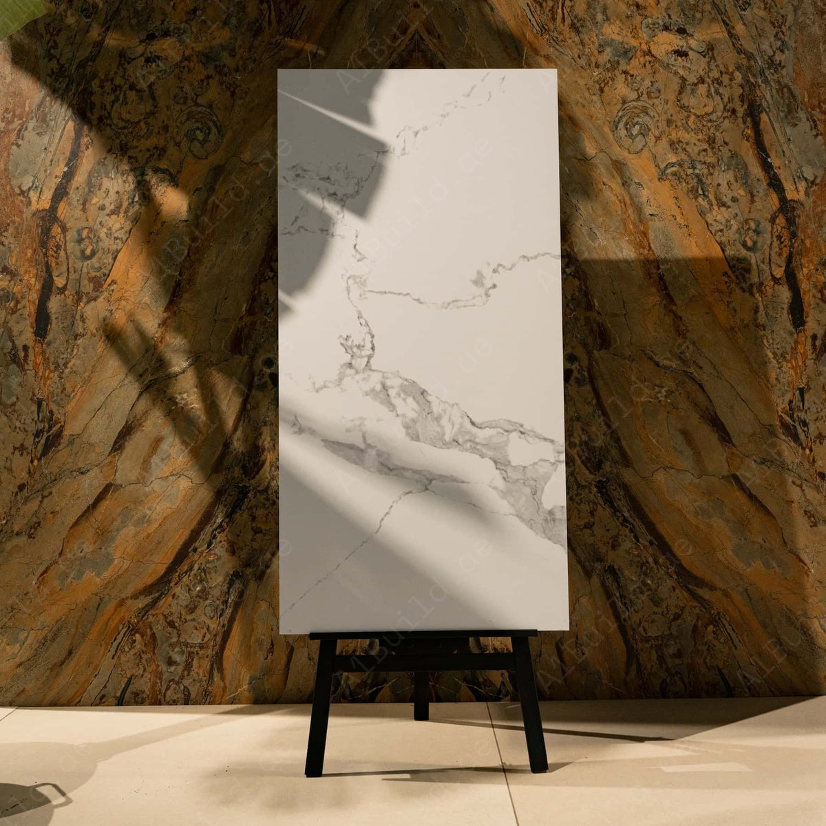 Discover STATUARIO FEATHER porcelain tile 600x1200mm with 9MM thickness and glitter on matt finish. Durable large format tile perfect for elegant shimmer-enhanced flooring and walls.