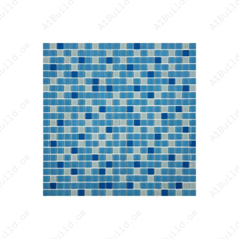 Durable White & Blue Crystal Glass Mosaic Tiles with slip, UV & corrosion resistance. Perfect for swimming pools, spas, bathrooms, kitchens & water features.