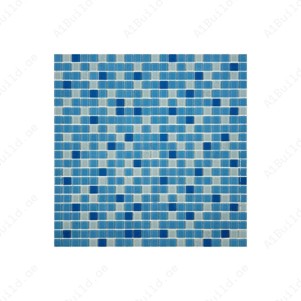 Durable White & Blue Crystal Glass Mosaic Tiles with slip, UV & corrosion resistance. Perfect for swimming pools, spas, bathrooms, kitchens & water features.