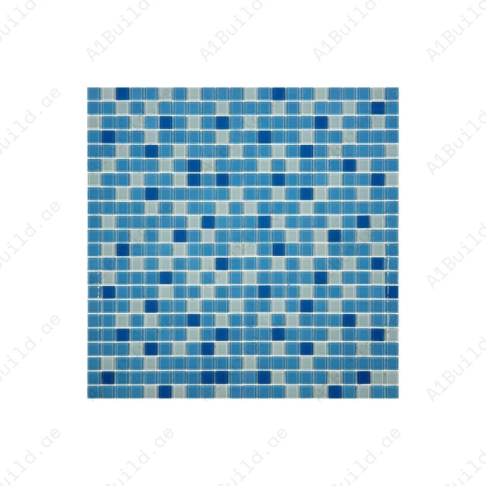 Durable White & Blue Crystal Glass Mosaic Tiles with slip, UV & corrosion resistance. Perfect for swimming pools, spas, bathrooms, kitchens & water features.