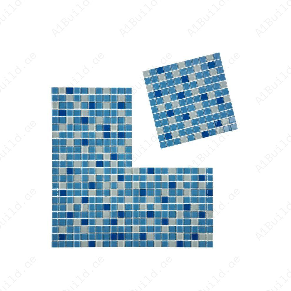 Durable White & Blue Crystal Glass Mosaic Tiles with slip, UV & corrosion resistance. Perfect for swimming pools, spas, bathrooms, kitchens & water features.