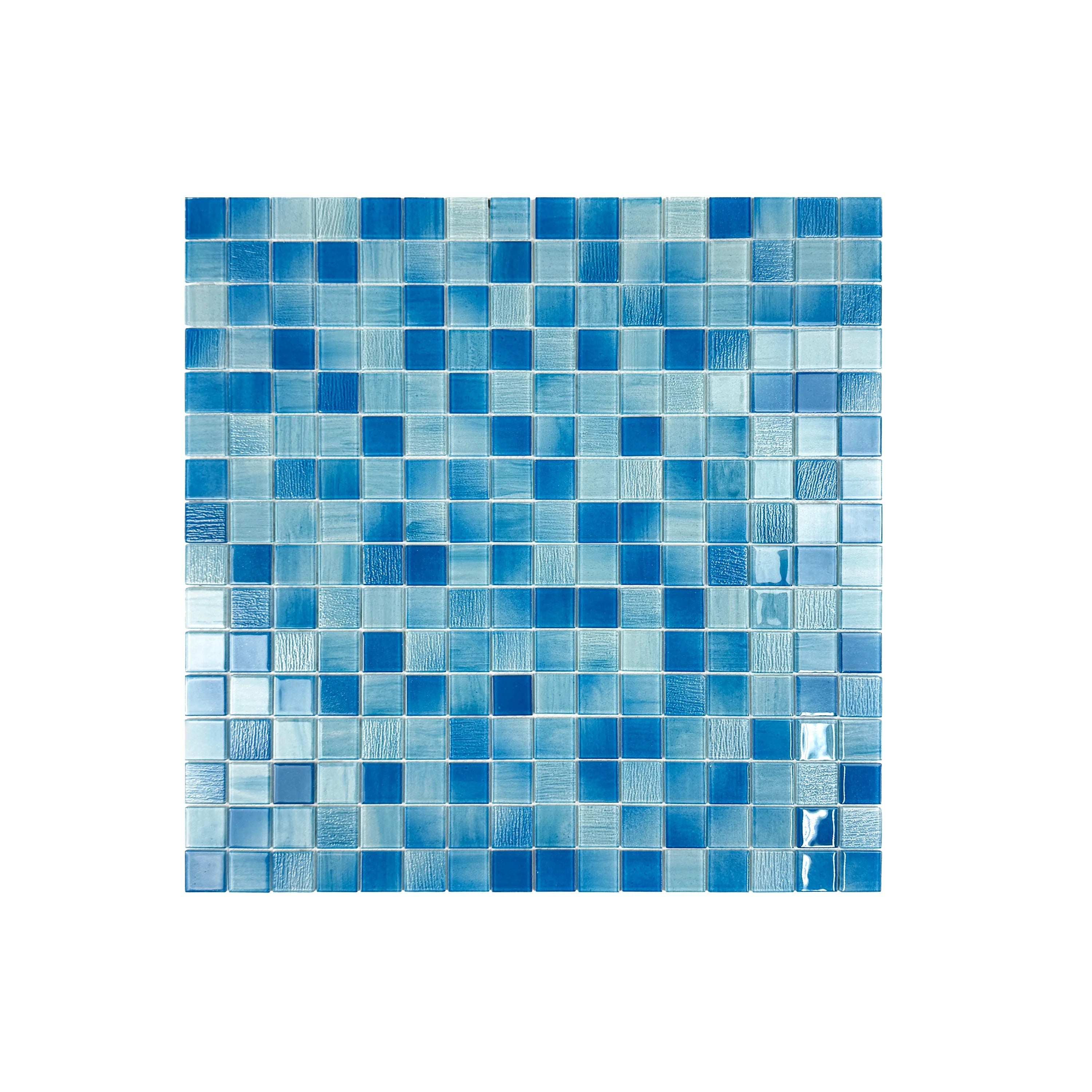 Durable glass mosaic swimming pool tile in light, baby, and French blue mix. Slip-resistant, UV-stable, eco-friendly, perfect for luxury pools and spas in Dubai.