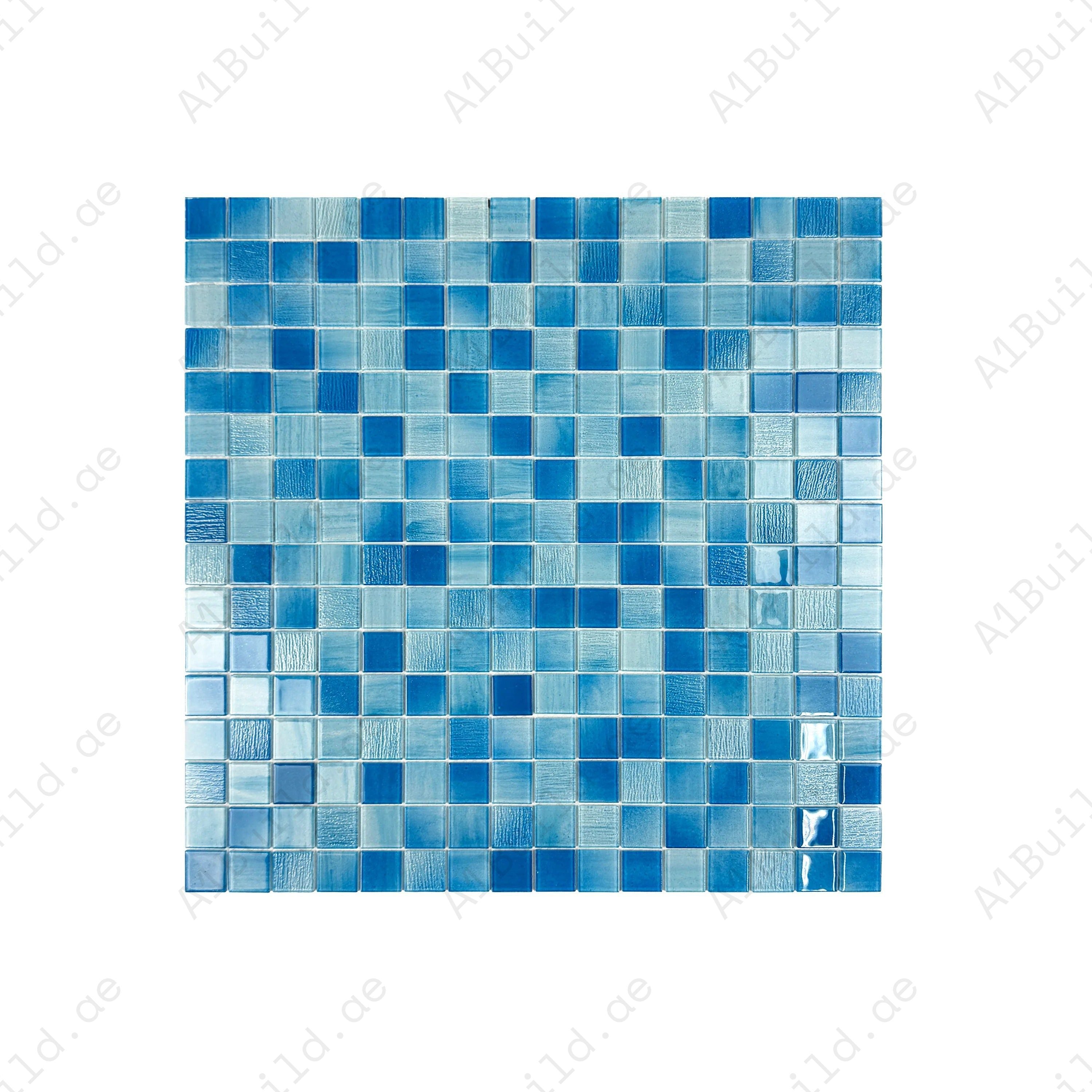 Durable glass mosaic swimming pool tile in light, baby, and French blue mix. Slip-resistant, UV-stable, eco-friendly, perfect for luxury pools and spas in Dubai.
