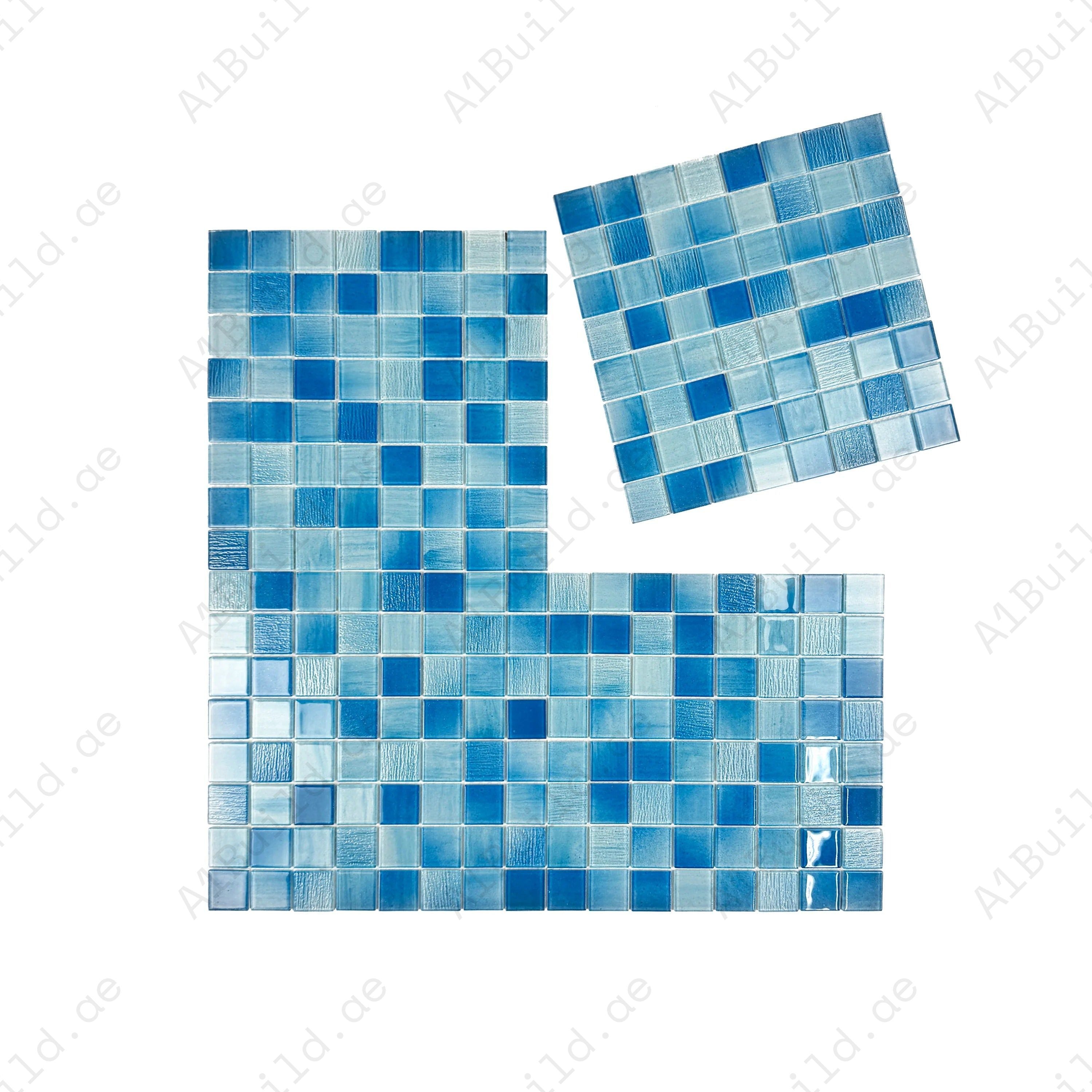 Durable glass mosaic swimming pool tile in light, baby, and French blue mix. Slip-resistant, UV-stable, eco-friendly, perfect for luxury pools and spas in Dubai.