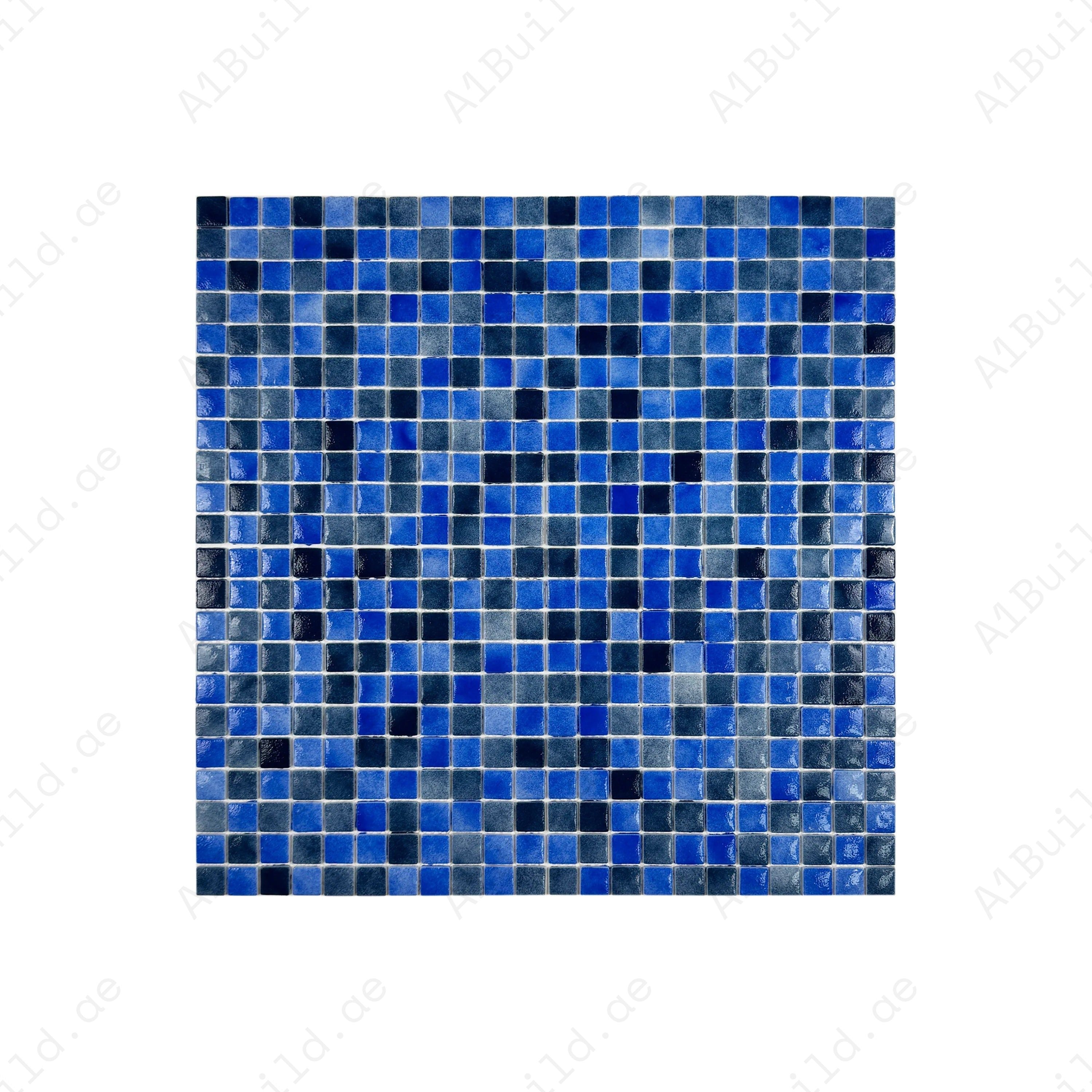 Eco-friendly Neon & Yale Blue recycled glass mosaic tiles with glossy finish. UV-resistant, waterproof & durable — ideal for pools, spas & water features.