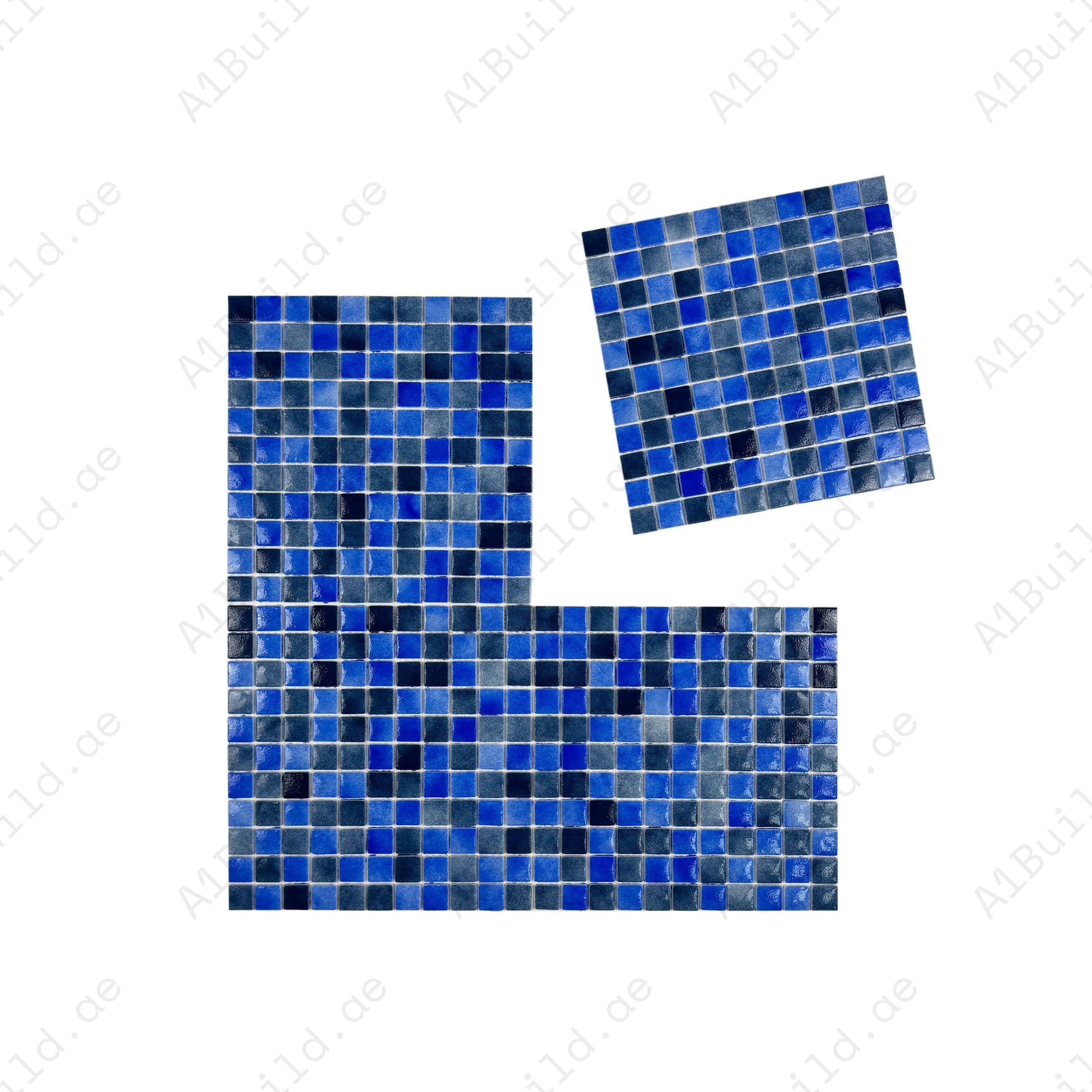 Eco-friendly Neon & Yale Blue recycled glass mosaic tiles with glossy finish. UV-resistant, waterproof & durable — ideal for pools, spas & water features.