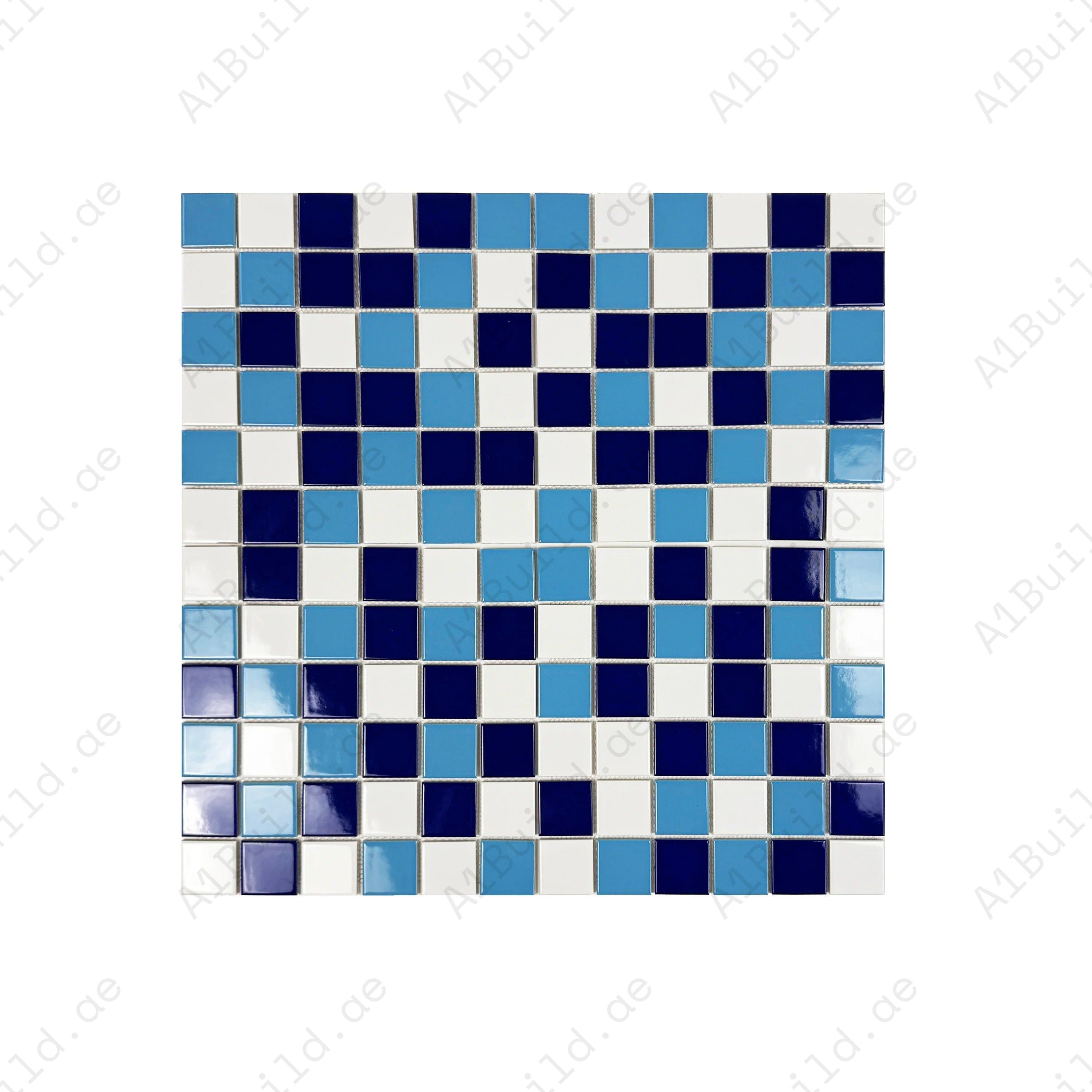 Elegant Azure Harmony mosaic with white, light & midnight blue tiles. Durable porcelain, perfect for walls, backsplashes, and stylish interior designs.