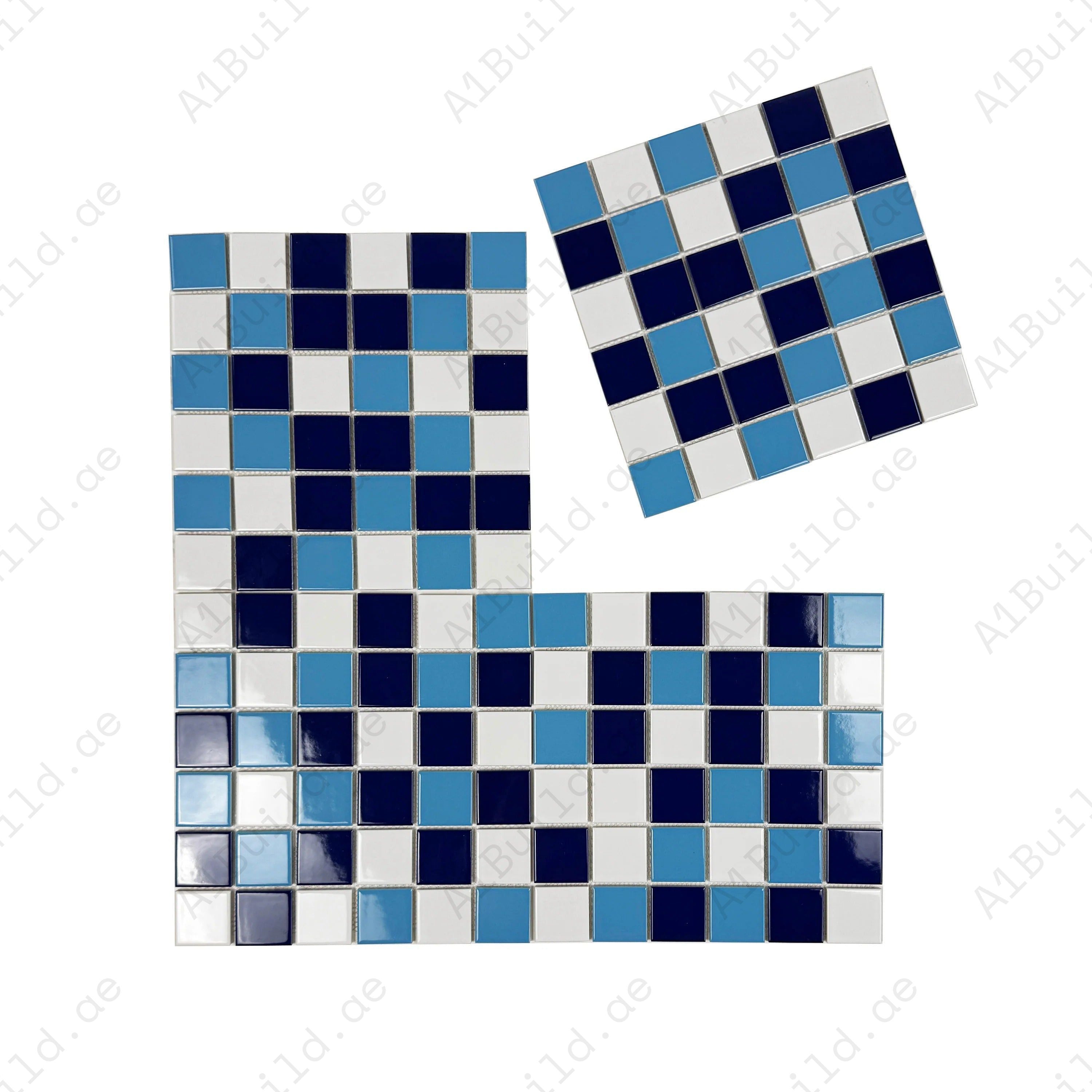 Elegant Azure Harmony mosaic with white, light & midnight blue tiles. Durable porcelain, perfect for walls, backsplashes, and stylish interior designs.