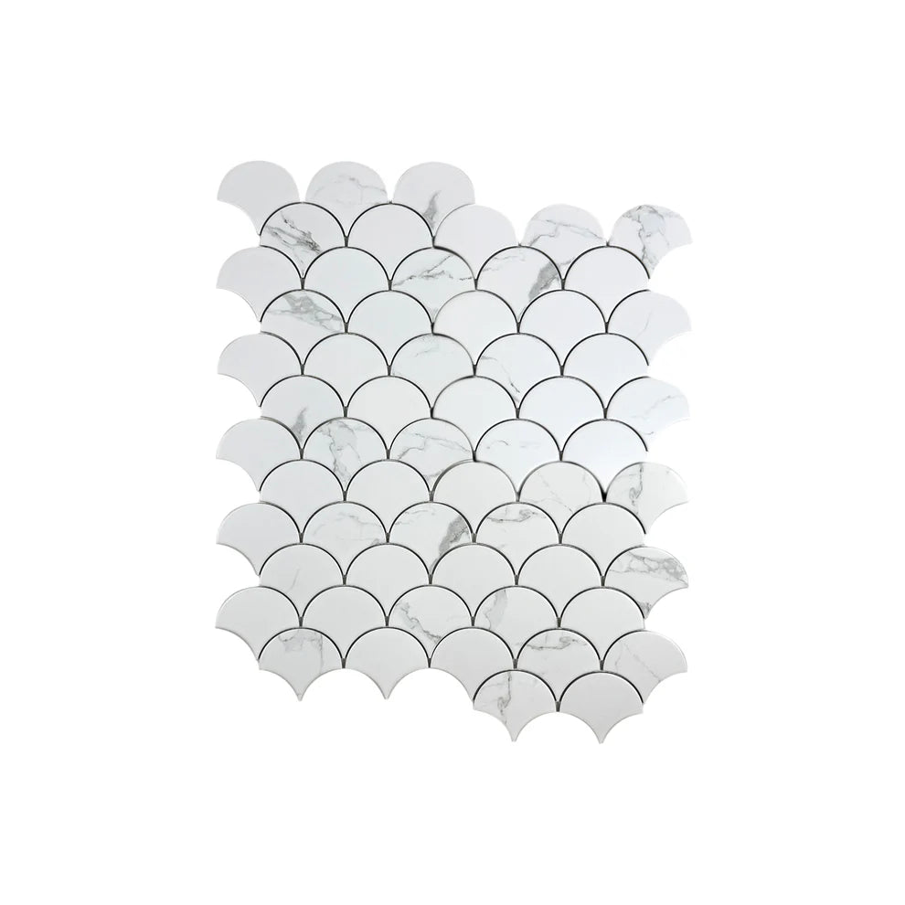 Elegant Carrara Lumina White Fan Shape Porcelain Mosaic, durable and water-resistant, ideal for bathrooms, kitchens, and feature walls with timeless style.