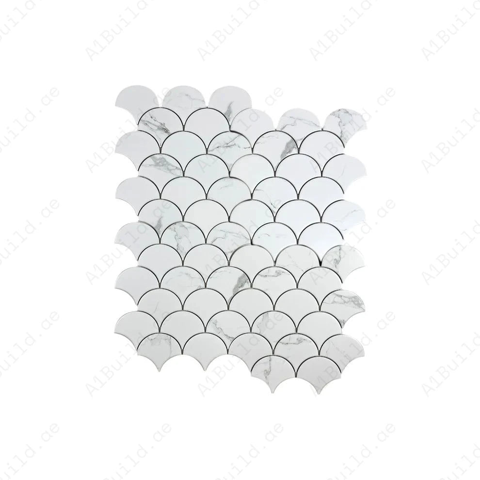 Elegant Carrara Lumina White Fan Shape Porcelain Mosaic, durable and water-resistant, ideal for bathrooms, kitchens, and feature walls with timeless style.