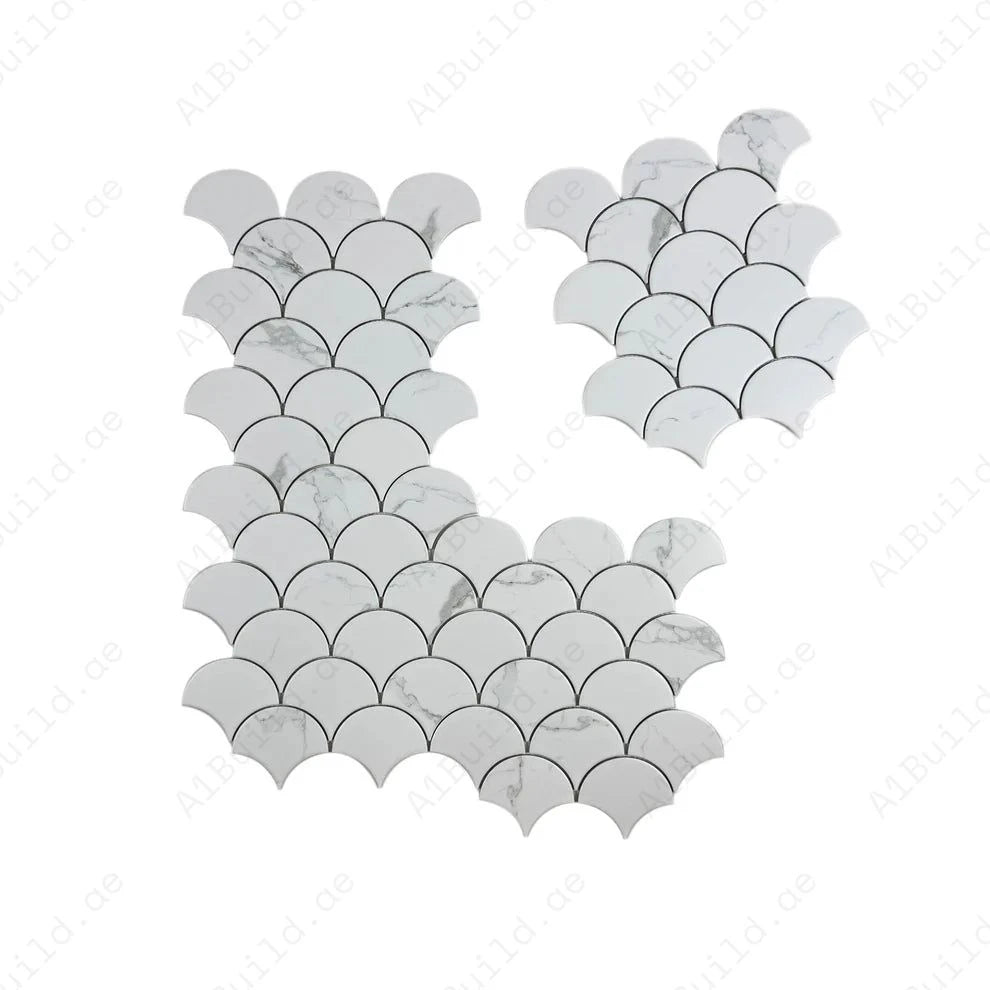 Elegant Carrara Lumina White Fan Shape Porcelain Mosaic, durable and water-resistant, ideal for bathrooms, kitchens, and feature walls with timeless style.