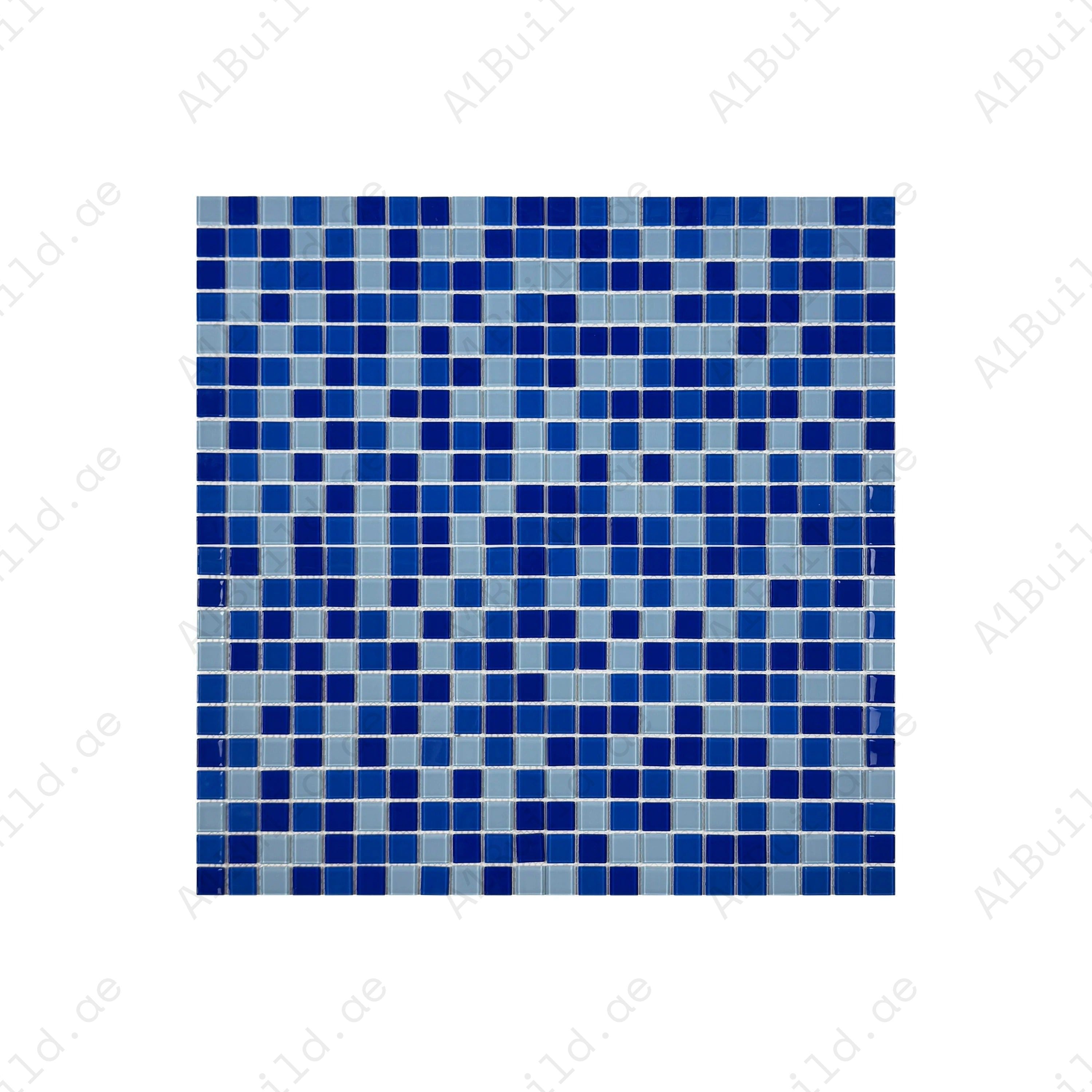 Elegant Light, Cobalt & Navy Blue Crystal Glass Mosaic Tiles. Durable, slip-resistant, and perfect for swimming pools, spas, kitchens, and water features.