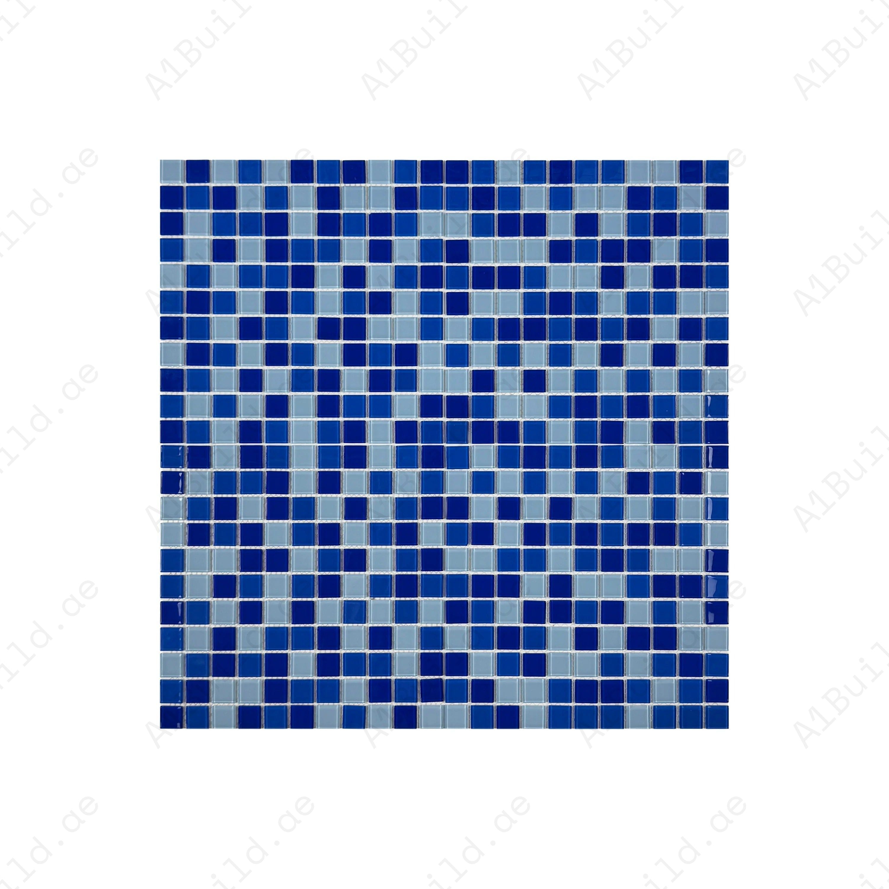 Elegant Light, Cobalt & Navy Blue Crystal Glass Mosaic Tiles. Durable, slip-resistant, and perfect for swimming pools, spas, kitchens, and water features.