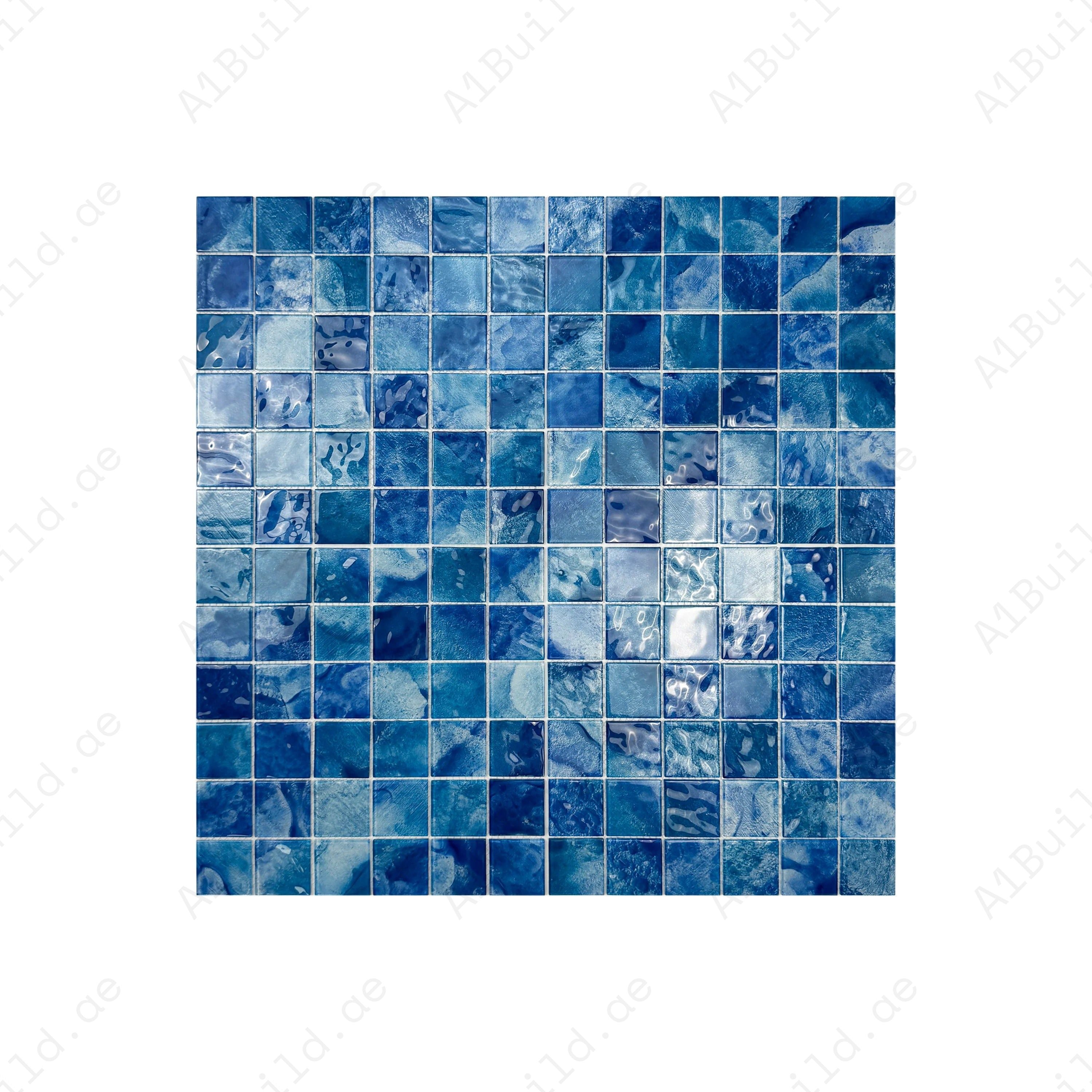 Elegant Marble Mirage Altramarine & Cobalt Blue glass mosaic tiles for Dubai pools. Durable, vibrant, and perfect for luxury swimming pools and water features.