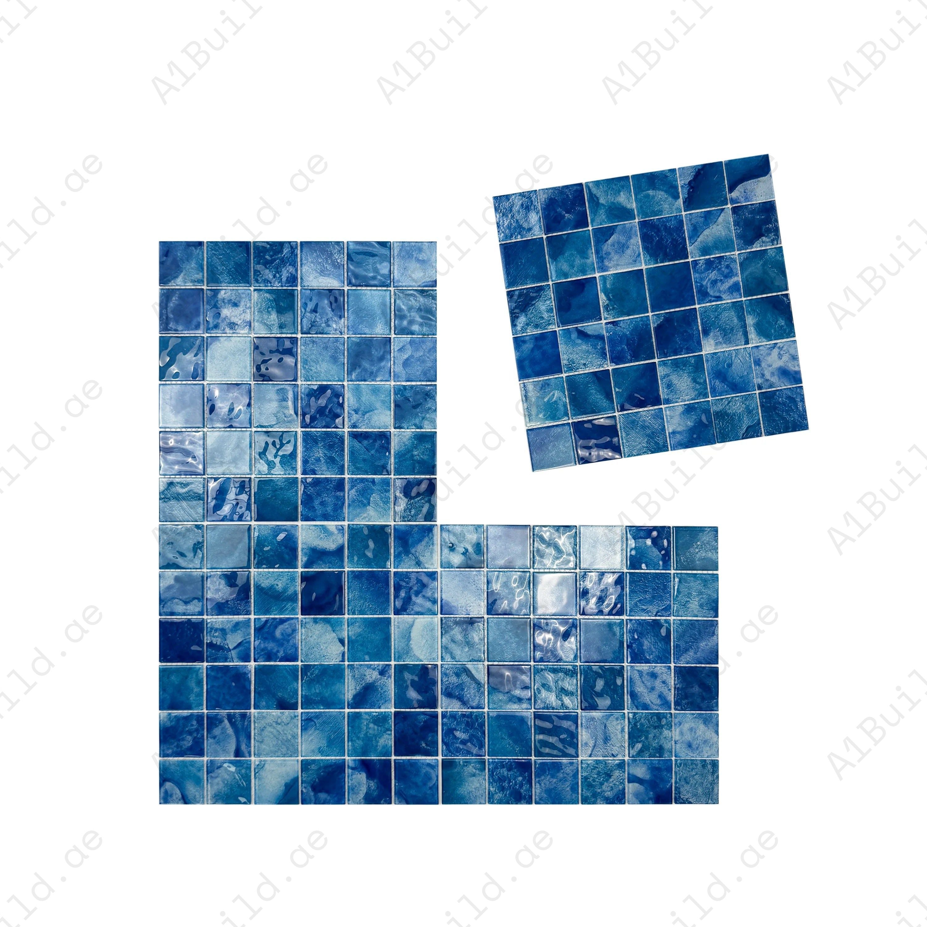 Elegant Marble Mirage Altramarine & Cobalt Blue glass mosaic tiles for Dubai pools. Durable, vibrant, and perfect for luxury swimming pools and water features.