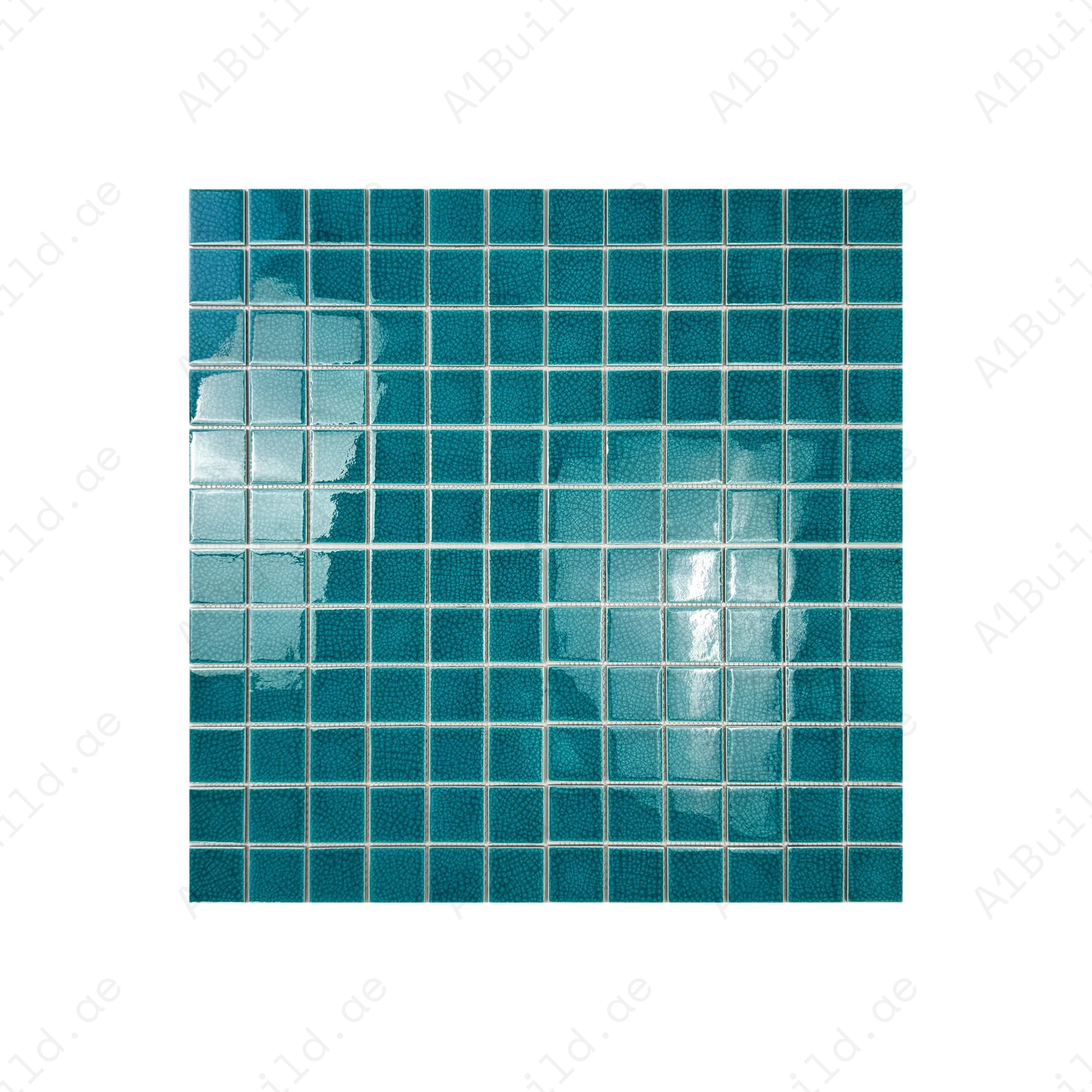Elegant Tiffany Blue Double Crackle Porcelain Mosaic tiles. Durable, UV-resistant, waterproof – ideal for pools, spas & luxury aquatic designs in Dubai.