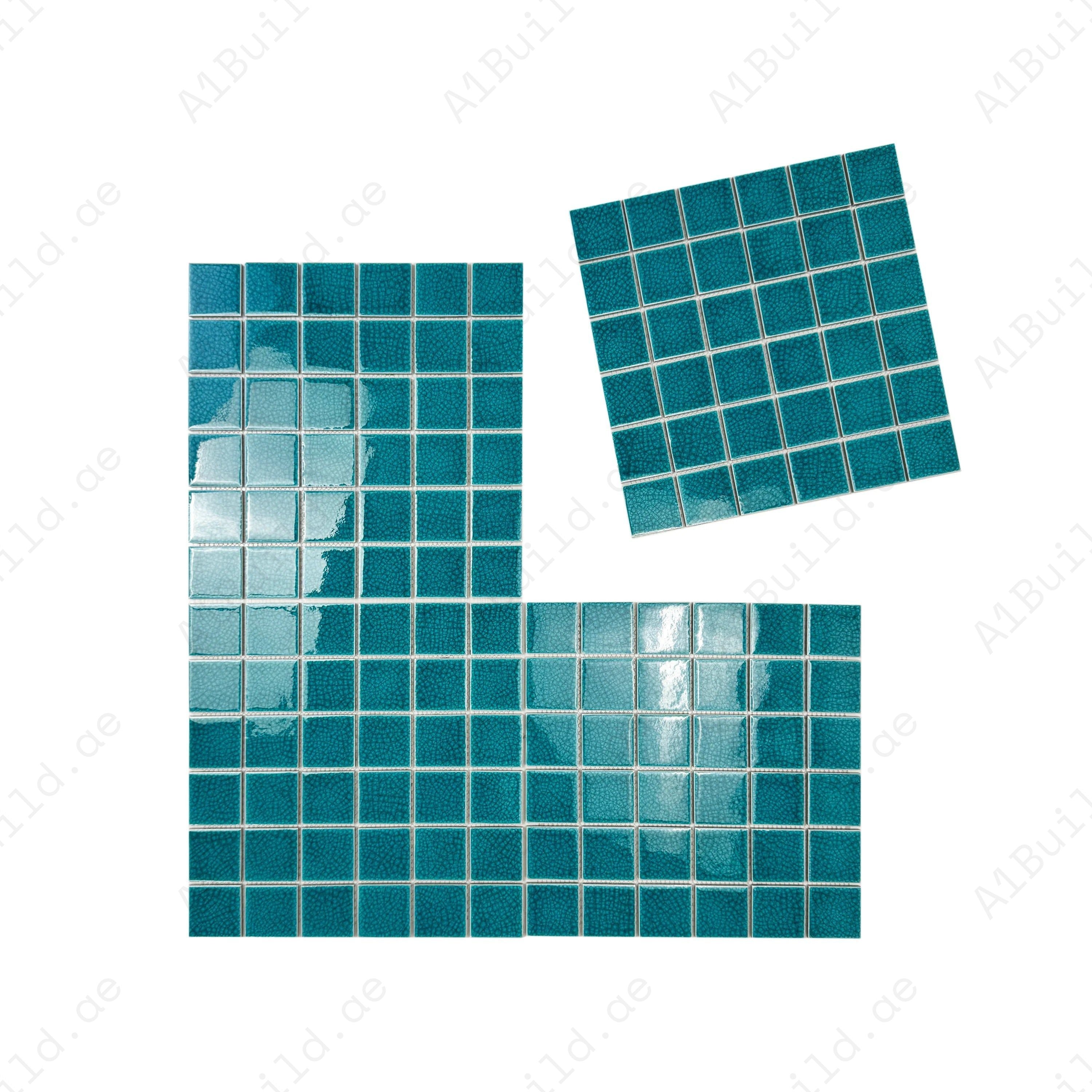 Elegant Tiffany Blue Double Crackle Porcelain Mosaic tiles. Durable, UV-resistant, waterproof – ideal for pools, spas & luxury aquatic designs in Dubai.