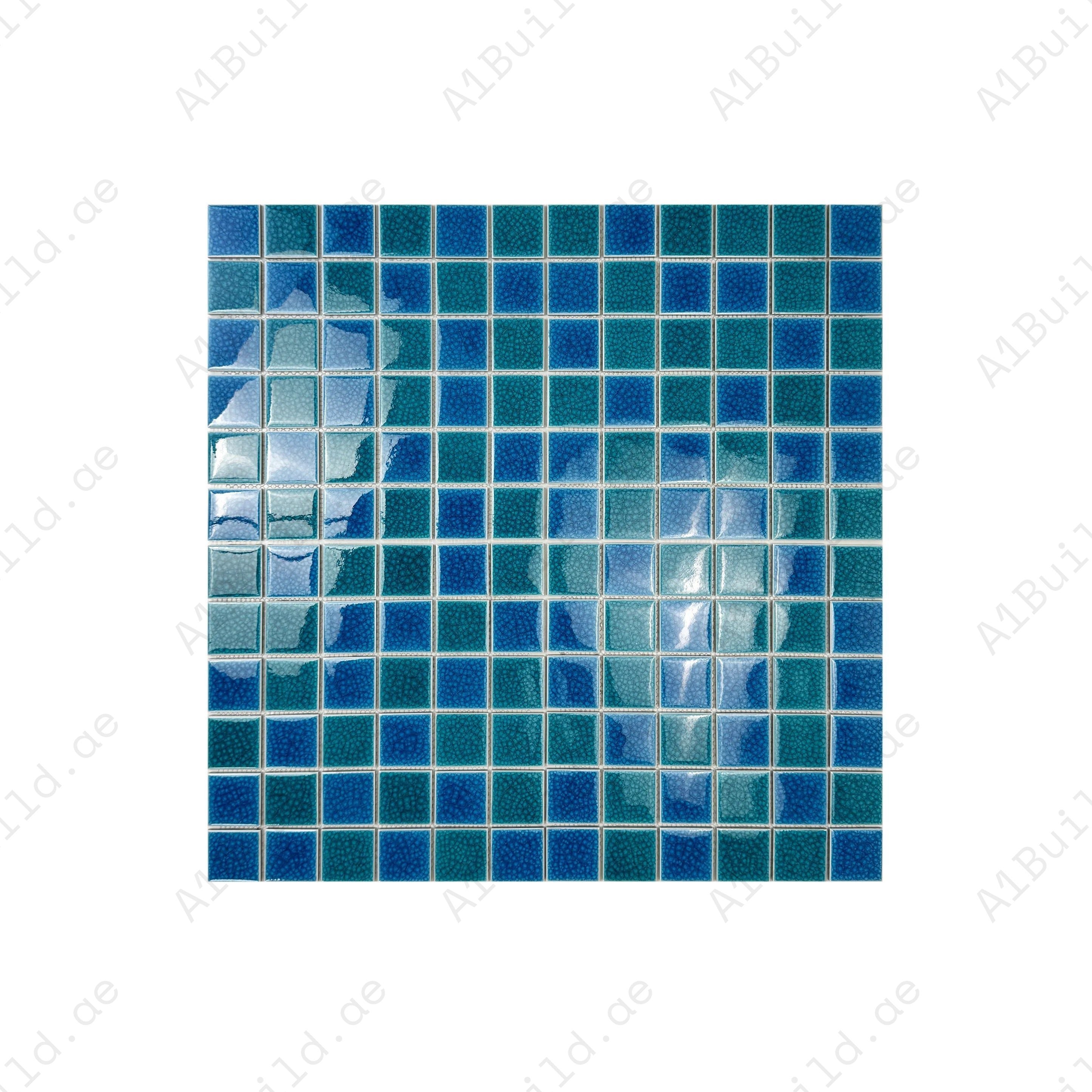 Elegant Tiffany & French Blue double crackle porcelain mosaic tiles. Waterproof, UV-resistant, slip-proof, ideal for luxury pools, spas & water walls.