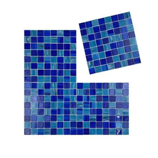 Elegant aqua & klein blue glass mosaic pool tiles with UV, slip resistance, and eco-friendly durability. Perfect for pools, spas, and water features in Dubai.