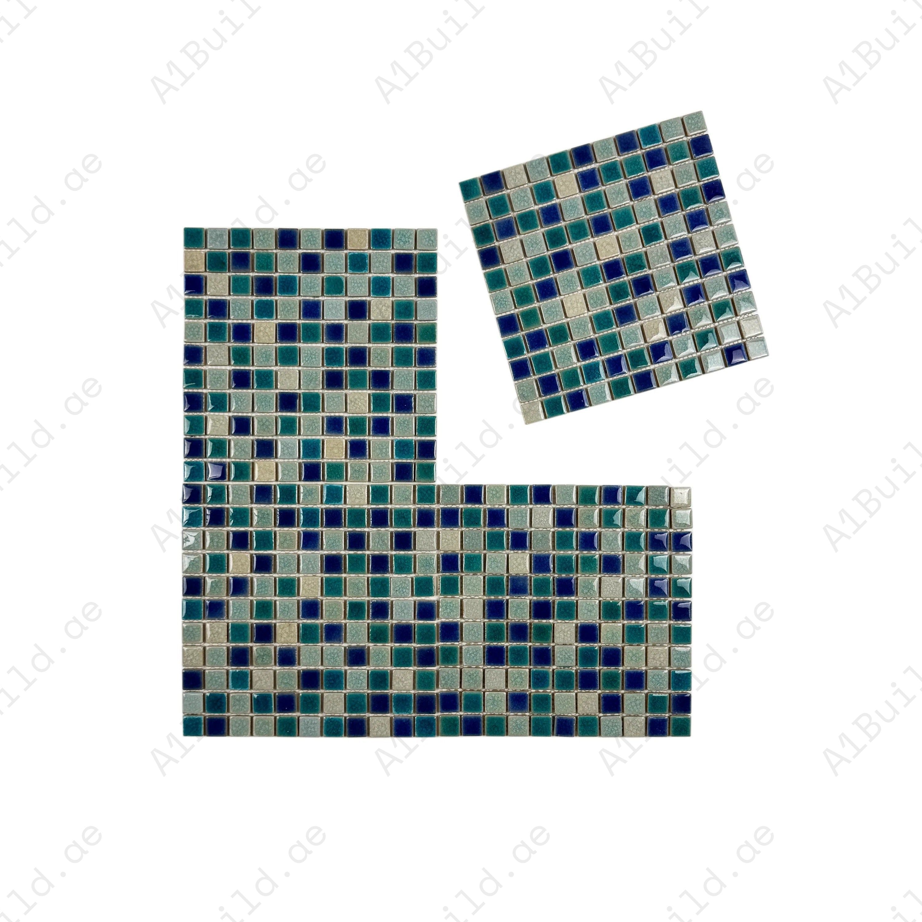 Elegant beige and blue mixed porcelain mosaic with ice crack texture. Durable, slip-resistant, and perfect for walls, backsplashes, and interior décor accents.