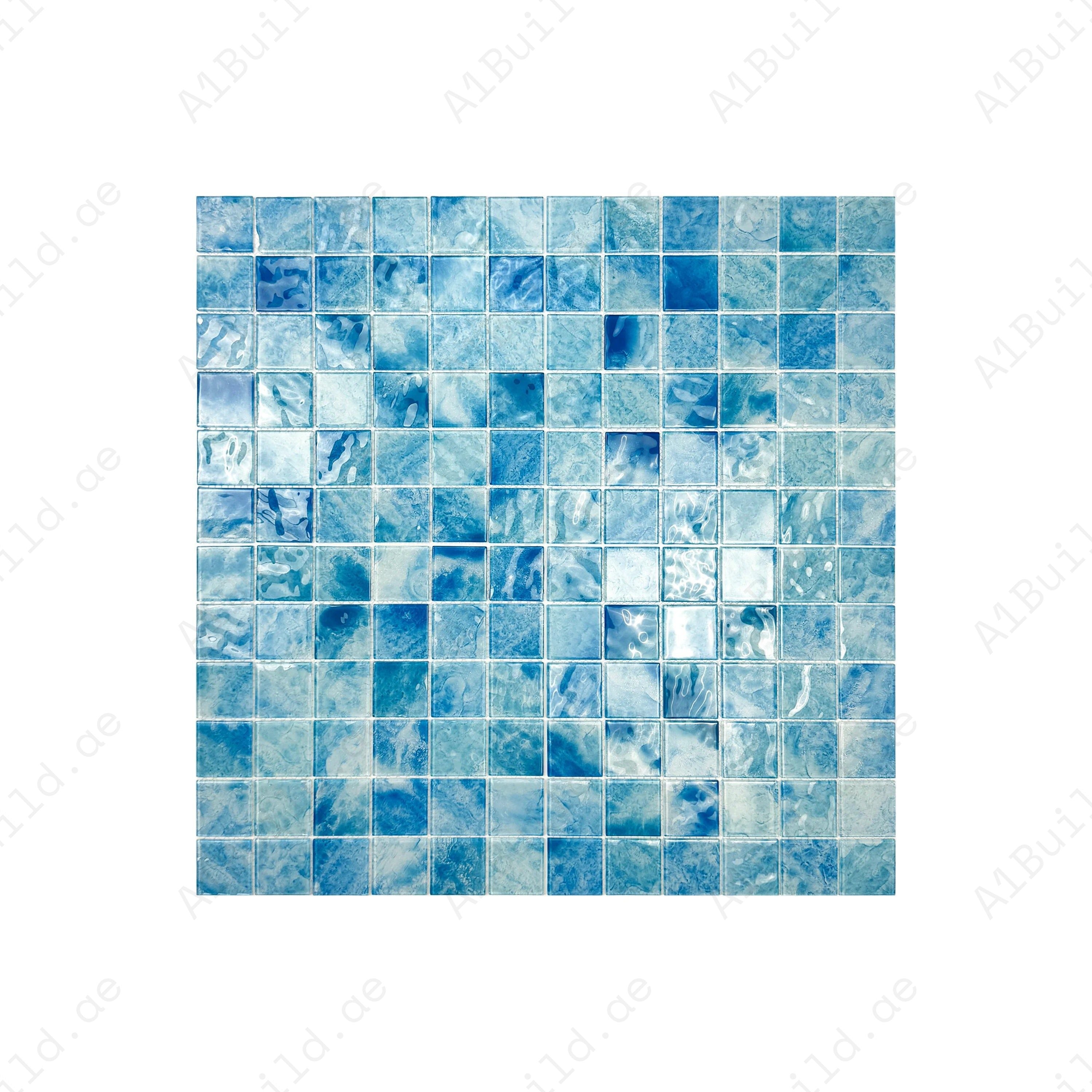 Elegant blue mixed crystal glass mosaic for pools, spas & water features. UV-resistant, durable, eco-friendly, and ideal for luxury aquatic spaces in Dubai.